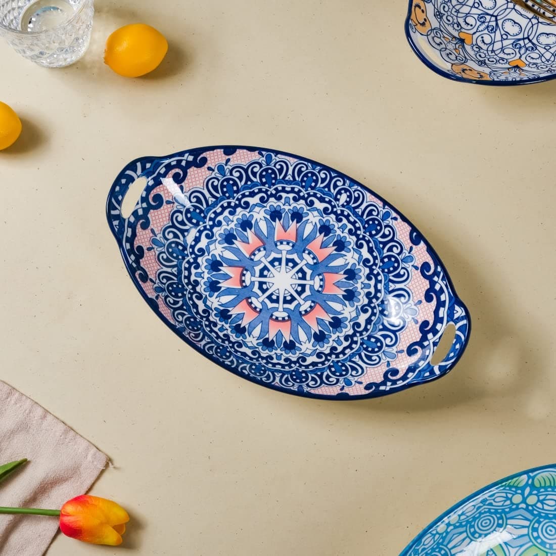 Blue Mandala Ceramic Long Dish with Handles for Serving Snacks, Appetizers, Salads, and Noo