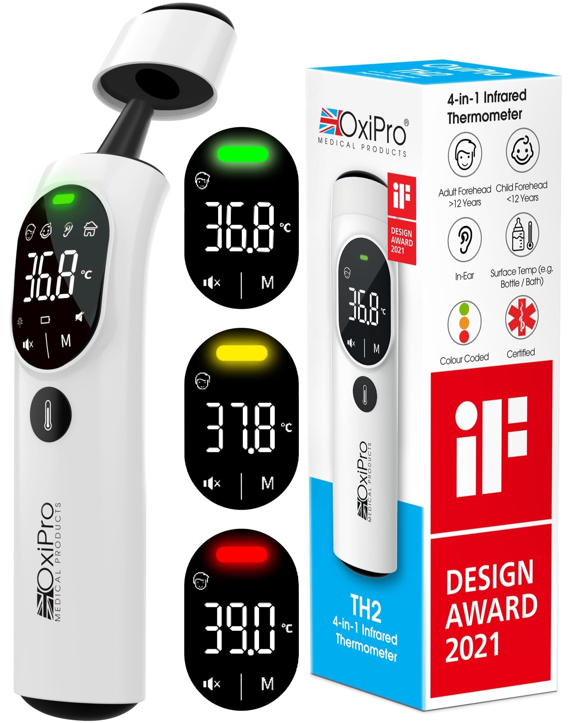 TH2 Thermometer - IF Design Award Winner - German Sensor - In-Ear, Forehead, Non-Touch & Baby Modes - Infrared Thermometer for Newborn, Baby, Kids, Children & Adult Temperature Measurement