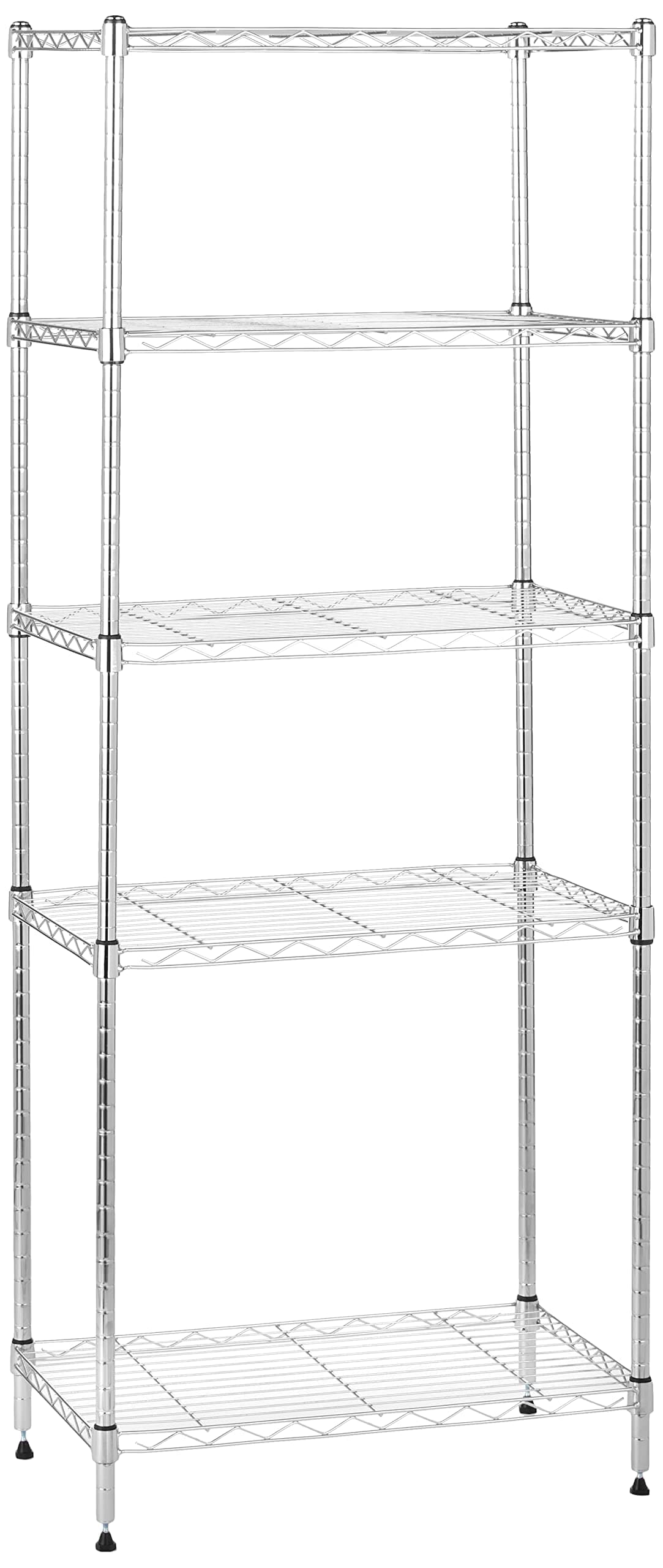 – Amazon Basics 5-Shelf Narrow Storage Unit With Height Adjustable Shelves and Levelling Feet, 453kg Max Weight, Chrome, 34 cm D x 58.9 cm W x 152.5 cm H