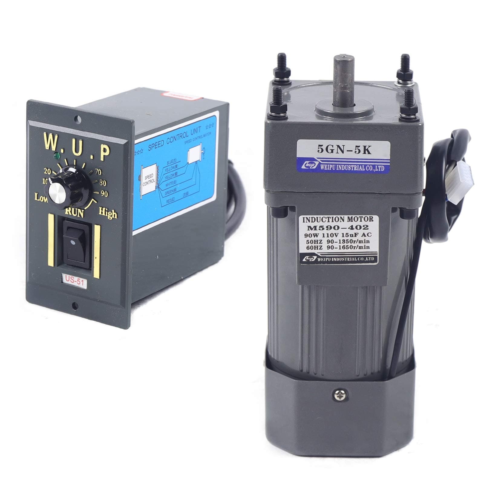 AC110V 90W High Torque Gear Motor with Speed Controller Reduction Ratio: 1:5 Electric 270PRM Single-Phase Motor Variable Speed Gear Reducer Motor (Reduction Ratio: 1:5)