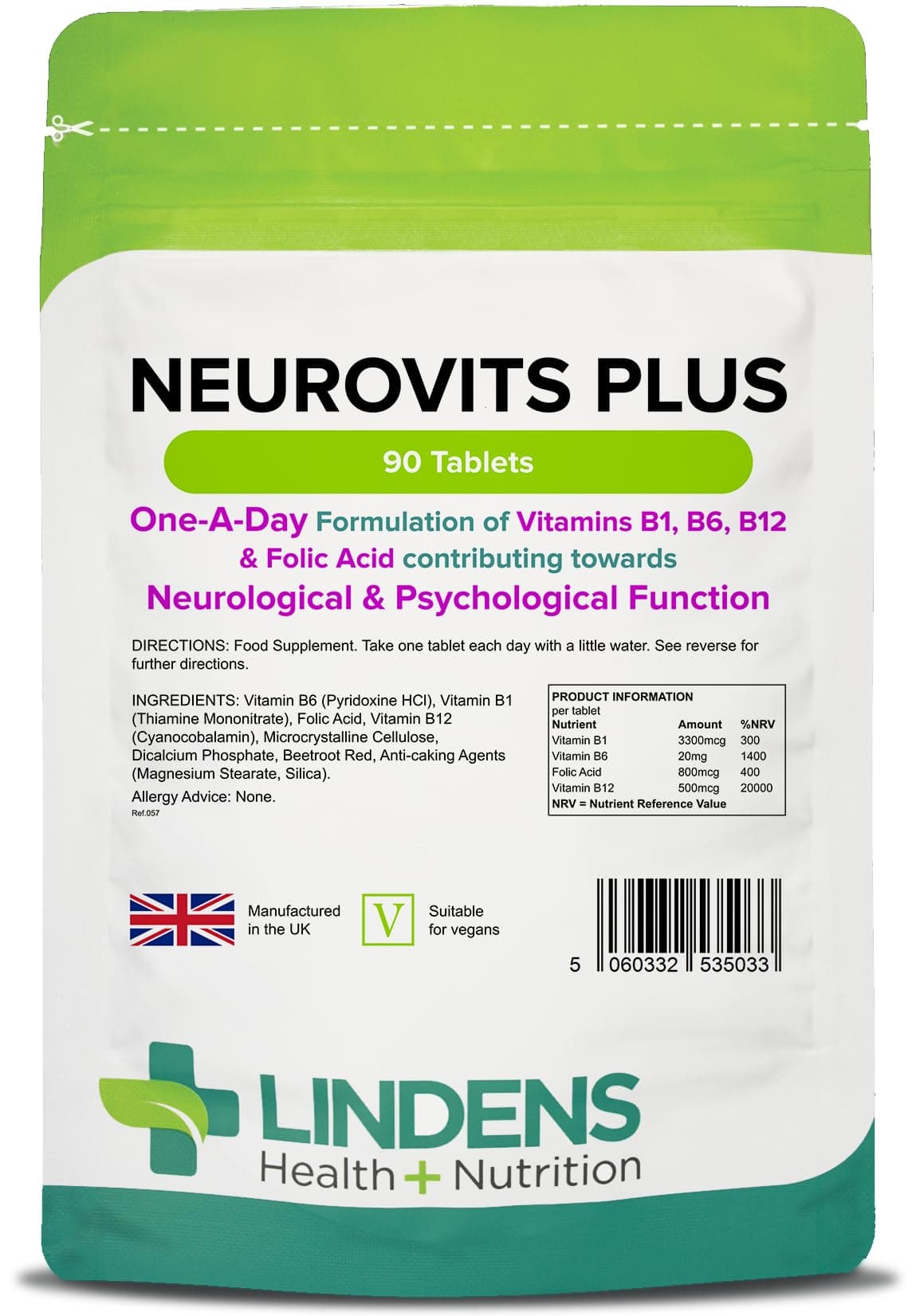 Lindens - Neurovits Plus Tablets, 90 Pack - One A Day - UK Made, Psychological & Nervous Function, Tiredness & Fatigue - Vitamin B1, B6, B12 & Folic Acid - Letterbox Friendly - Vegan