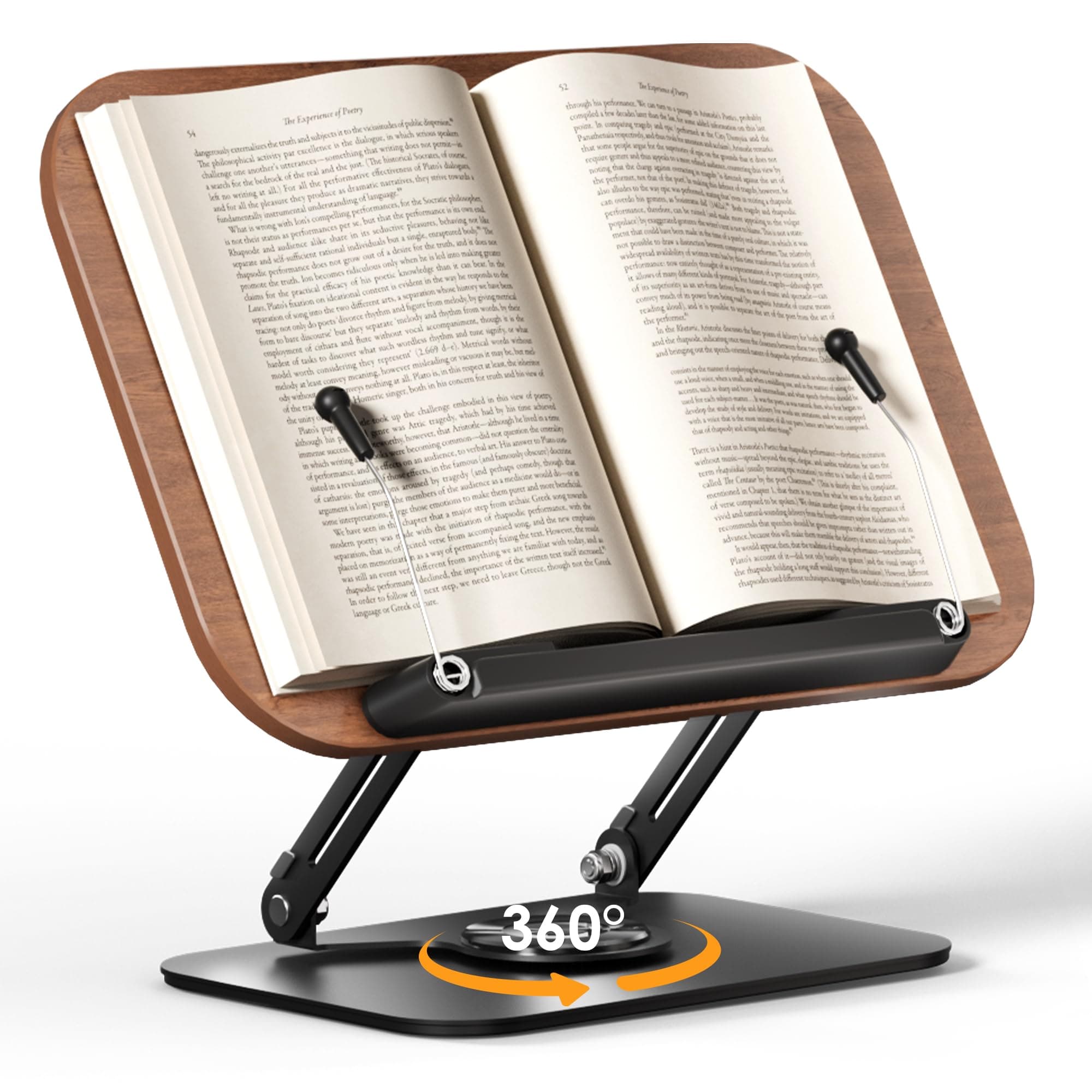Book Stand for Reading, Adjustable Book Holder with 360° Rotating Bases, Foldable Designs, and Elastic Clips, Multifunctional Display Stand for Recipe, Cookbooks, Magazines, Tablets, Laptops