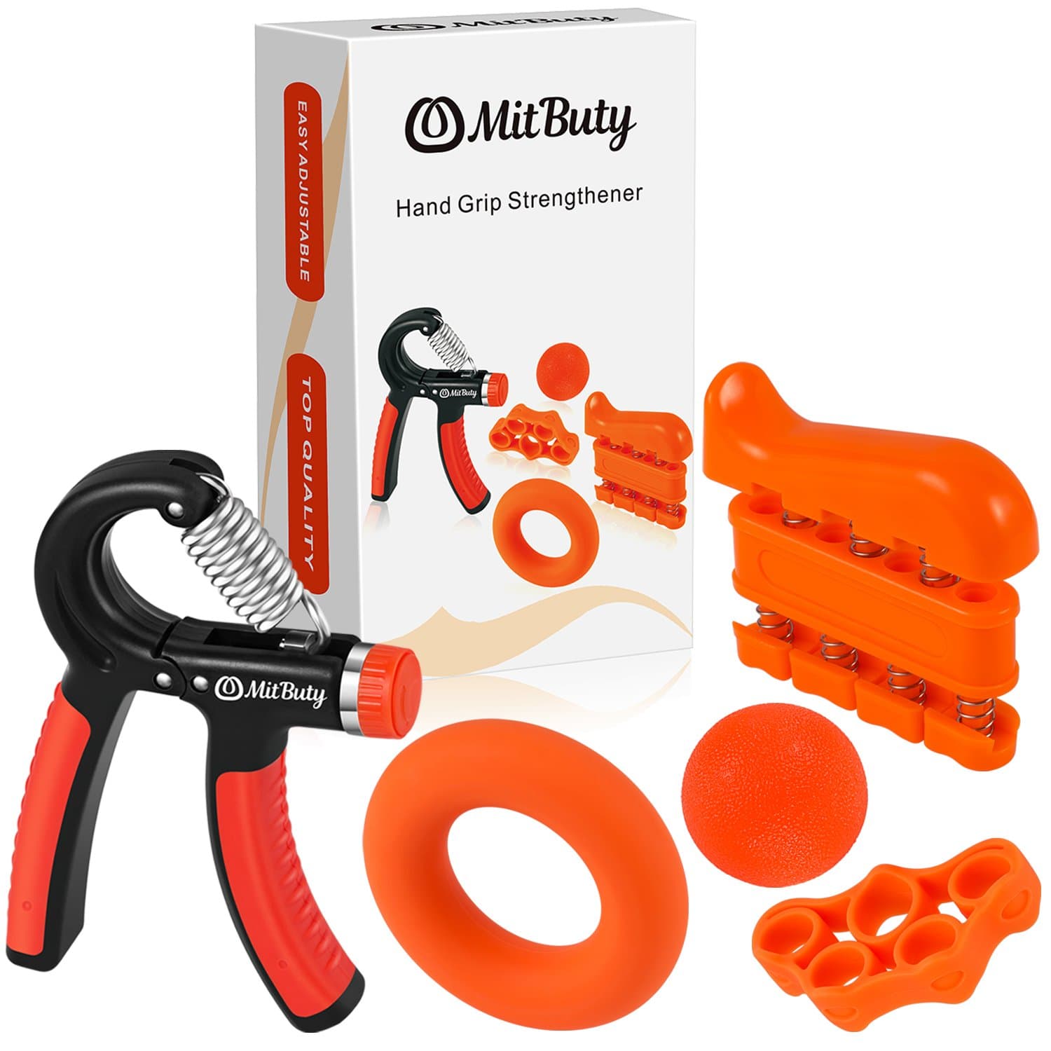 Premium Hand Grip Strengthener Exerciser Kit (5 Pack) – Adjustable Hand Grip(22-88 Lbs), Hand Exercises, Strength Ring, Finger Band & Stress Relief Ball, Workout for Arthritis, Rock Climbing, Guitar