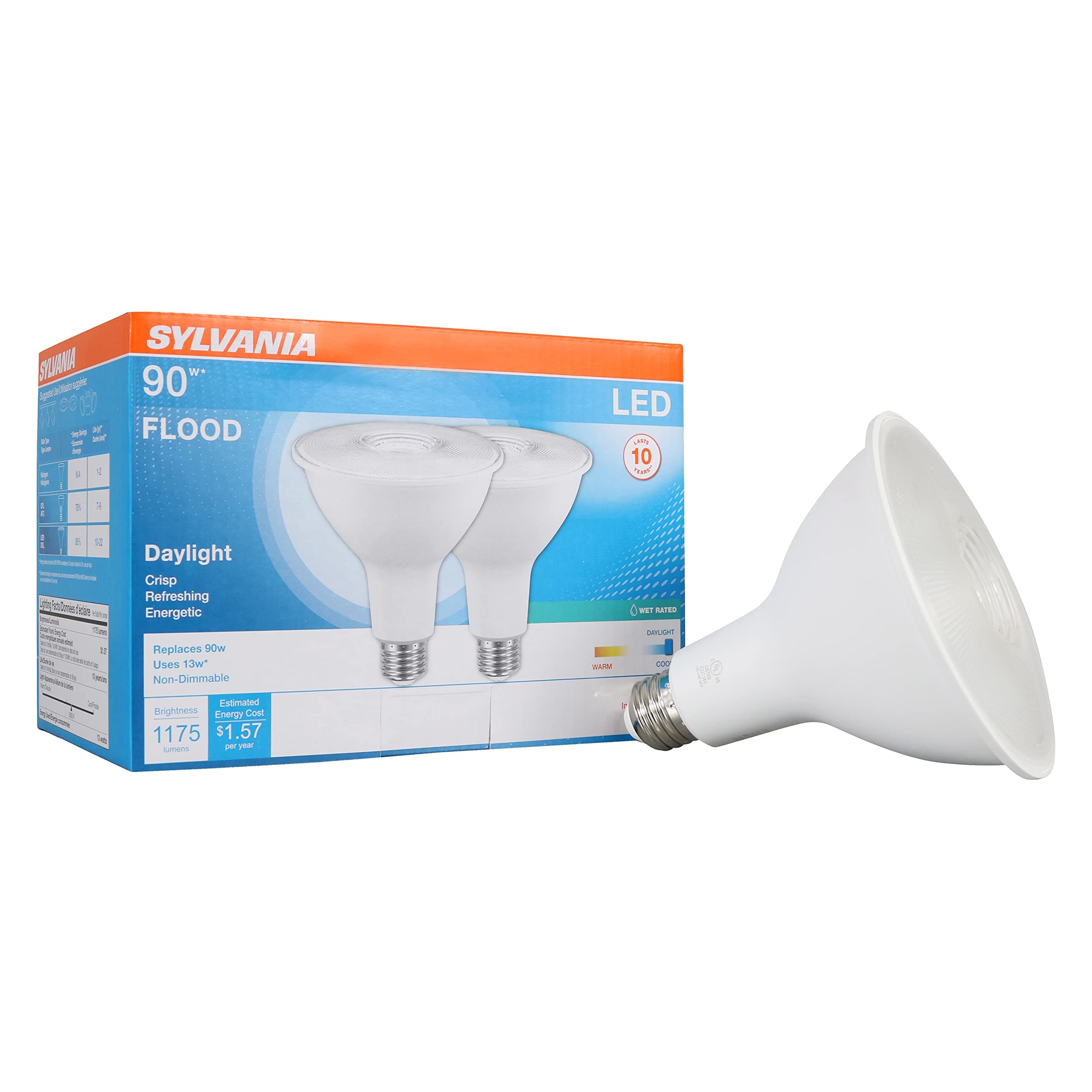 Sylvania LED Flood PAR38 Light Bulb, 90W Equivalent, Efficient 13W, 10 Year, 1175 Lumens, Medium Base, Dimmable, 5000K, Daylight - 2 Pack (79736)