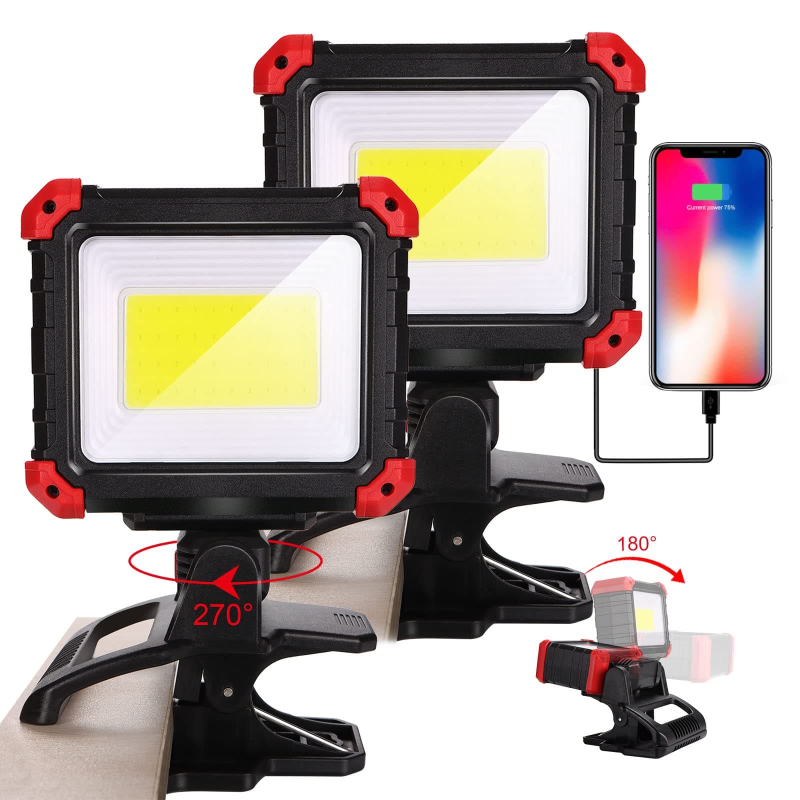 Easymaxx LED Rechargeable Work Light with Clamp, 2Pack 2100LM COB Magnetic Clip on Worklight 270° Rotating with Mobile Charger, Portable Clamp Work Light for Boats, Car Repairing, Job Site Lighting