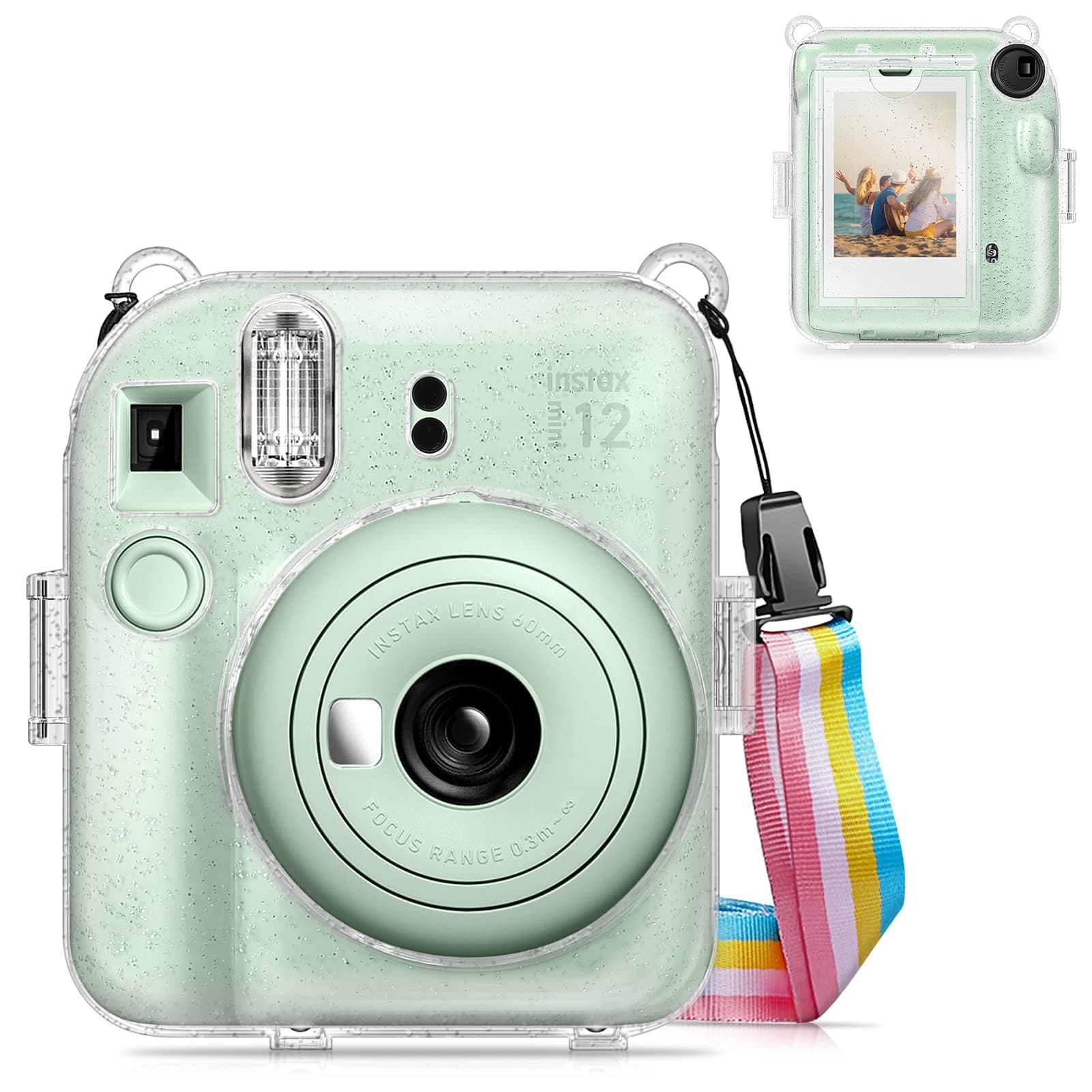 eWINNER Protective Clear Case for Fujifilm Instax Mini 12 Instant Camera/Crystal Hard Shell Cover w/Upgraded Film Pocket for Storing Photos & Removable Shoulder Strap (Instax Mini 12, Shiny Clear)