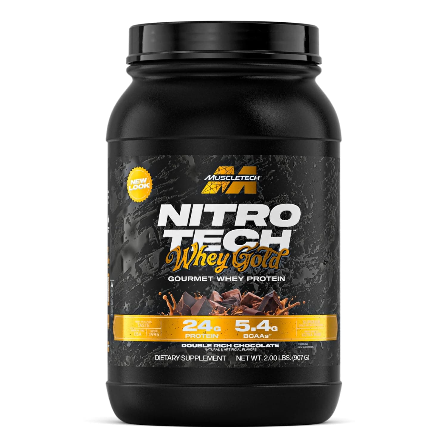 Nitro Tech Whey Gold with Peptides & Isolate Primary Source Support Recovery Gluten Free - 24gm Protein, 5.4gm BCAAs & 4gm Glutamine & Precursor, Double Rich Chocolate Flavor, 2.00 lbs