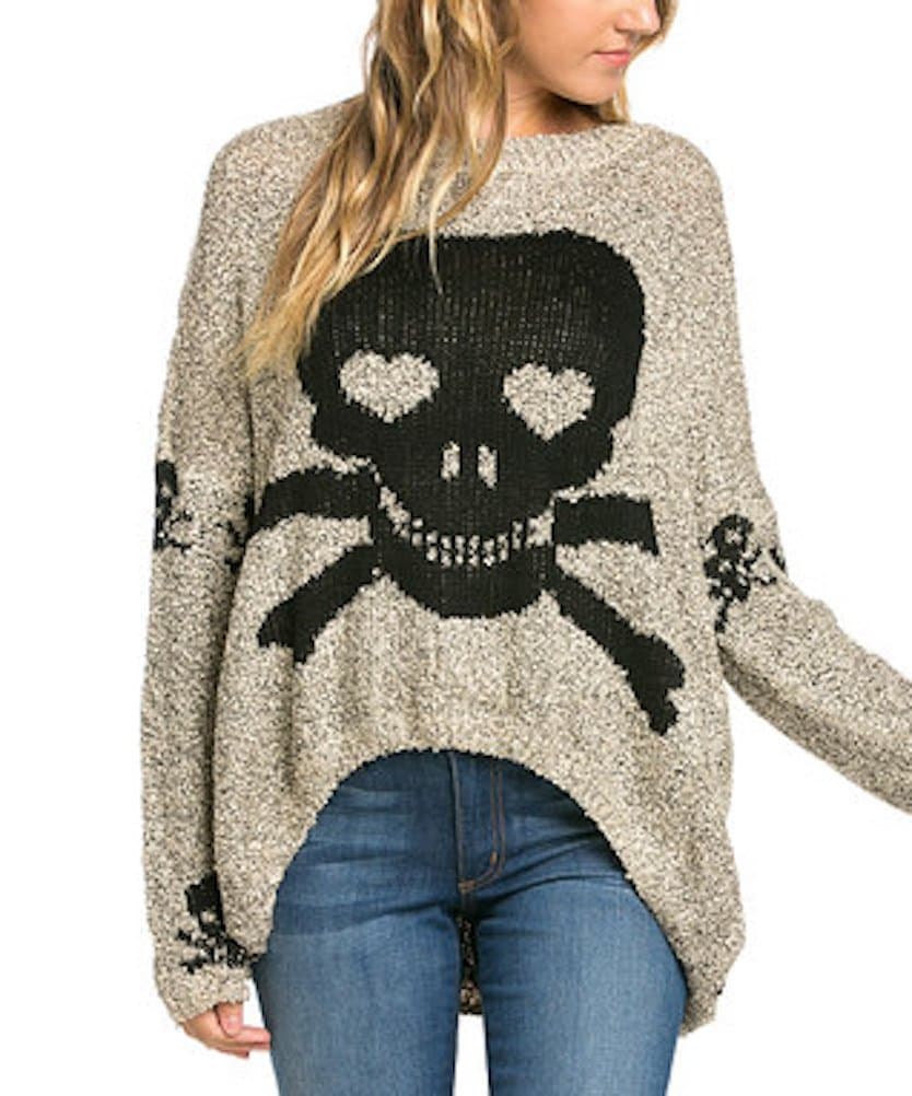 Women's Skull Shark Bite Hem Trendy Pull Over Sweaters