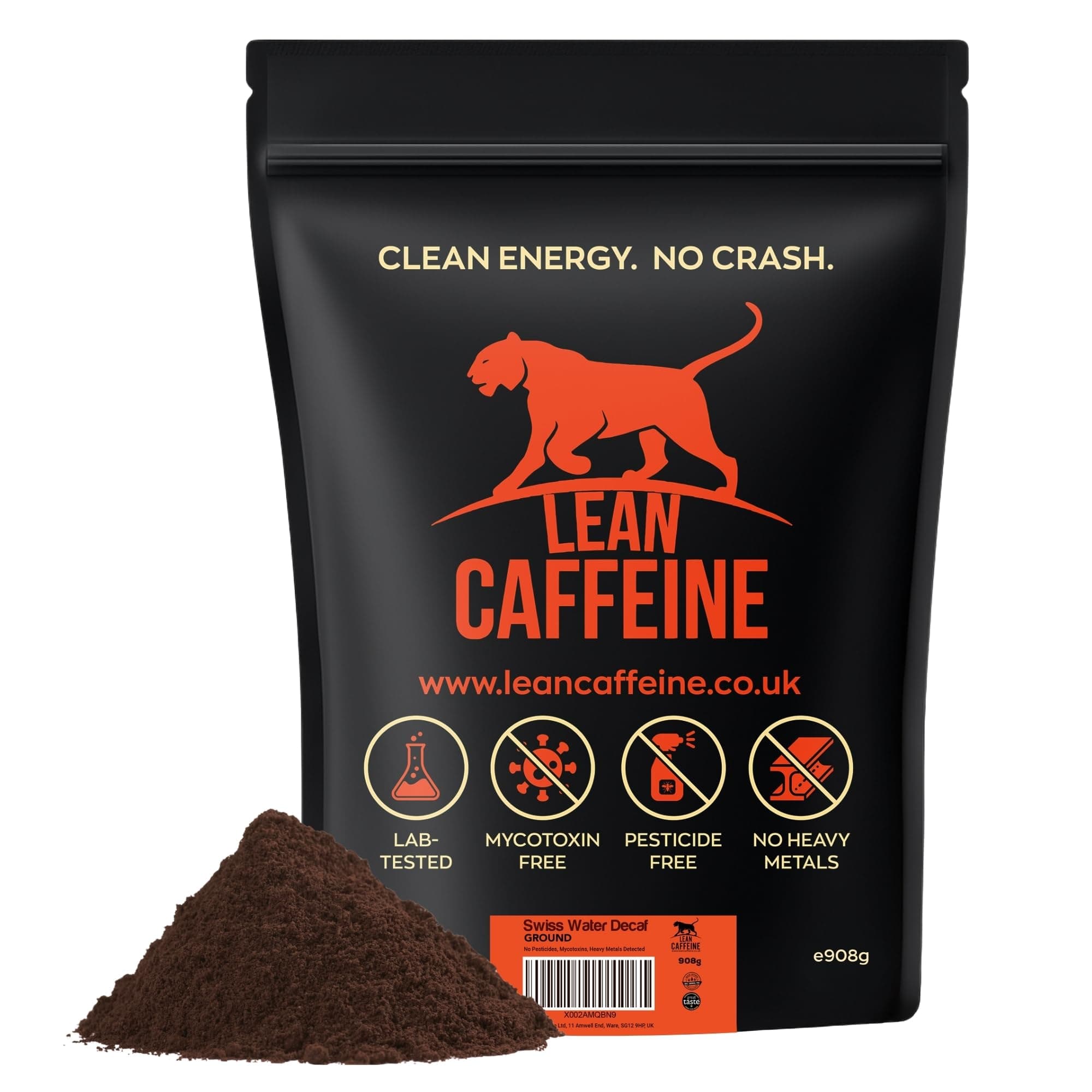 – Lean Caffeine Bulletproof Decaf Ground Coffee – Super Clean, Lab Verified, Tested For Mycotoxins And Heavy Metals – Low Acid – Swiss Water Decaffeinated Ground Coffee – 908g (1 Pack)