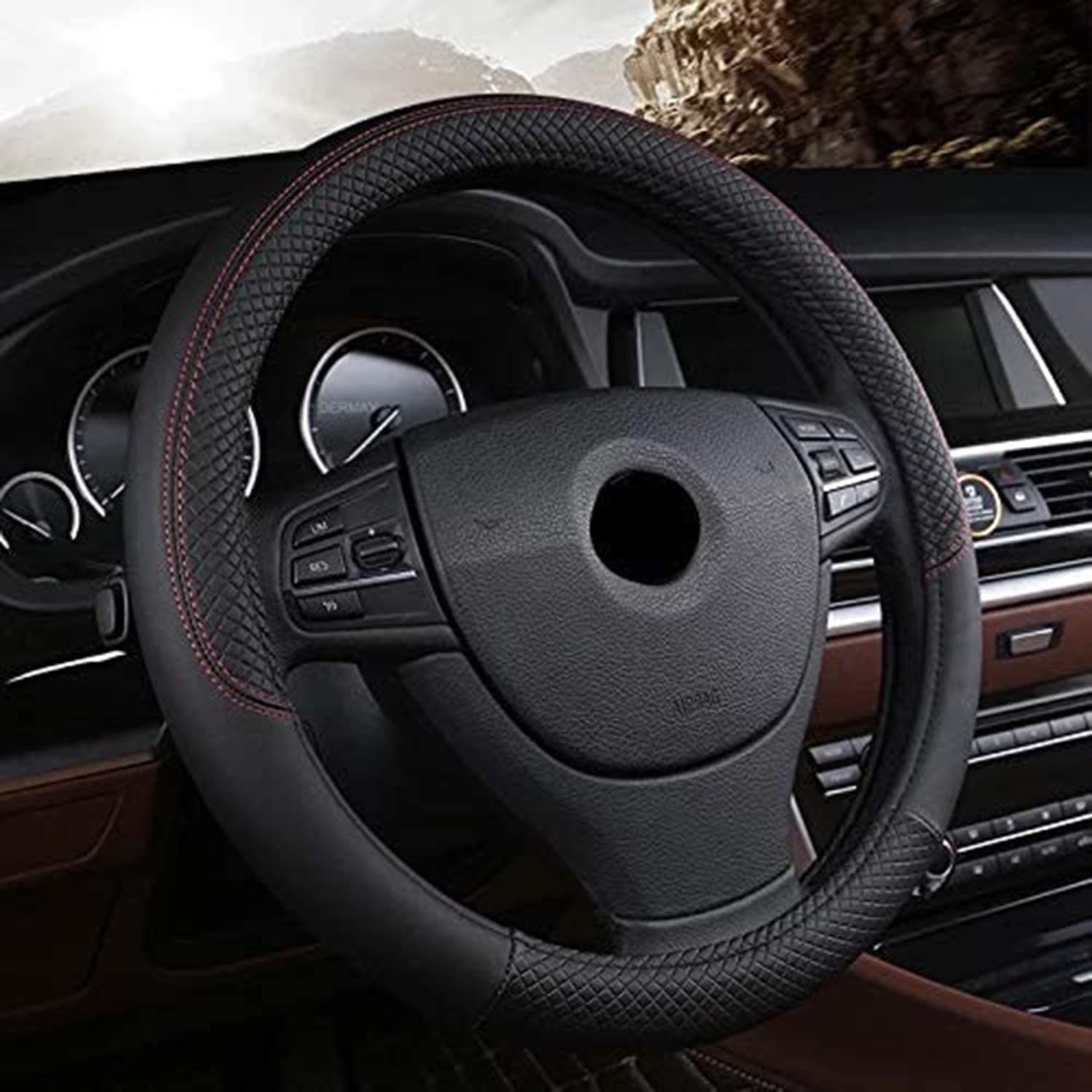Leather Car Steering Wheel Covers, Black Universal Microfiber Leather Auto Steering Wheel Covers, Breathable Anti-Slip Odorless Steering Wheels Accessories for Most Cars, 15 Inch