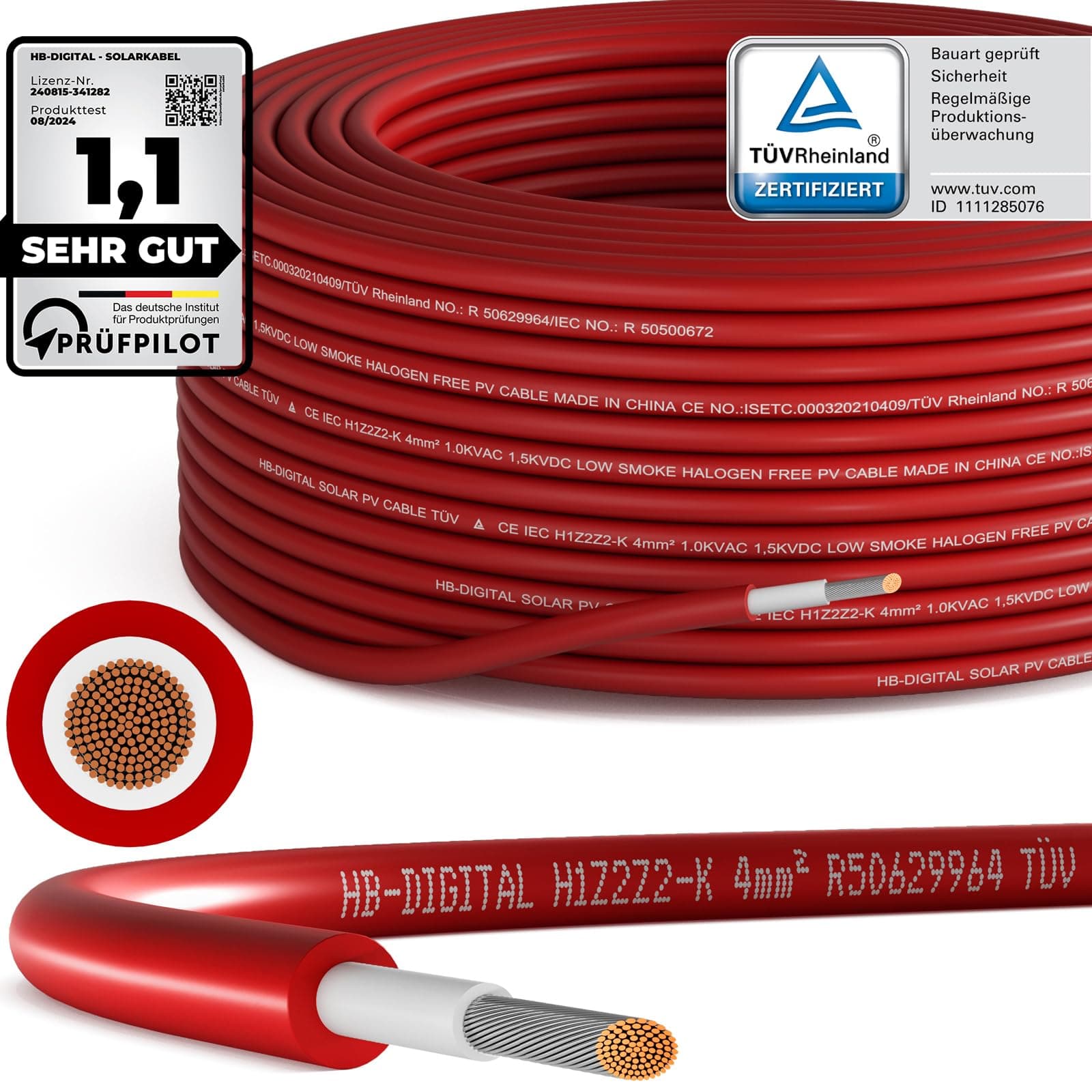 hb-digital Solar cable, 50 m, 4 mm?for solar panels, pure copper, extension cable, solar panel, strands, piping, single charger, flexible two-layer, special insulation, 1500 V, red