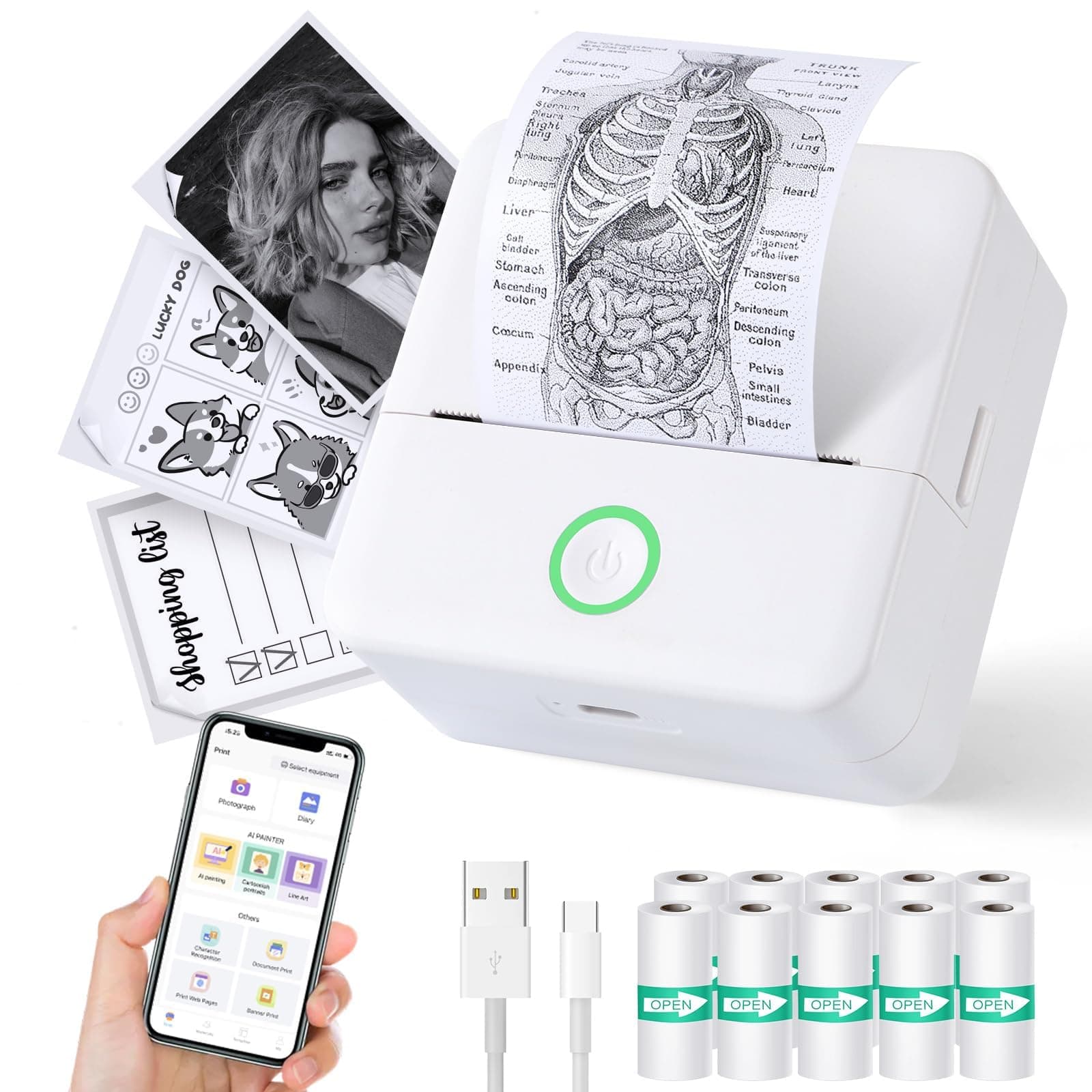 Printer Mini Printer Sticker Maker Bluetooth Connection Cell Phone, Tablet with 5 Self-Adhesive Rolls Printing Paper Wireless Inkless Pocket Printer Suitable for Photos, Study (White)