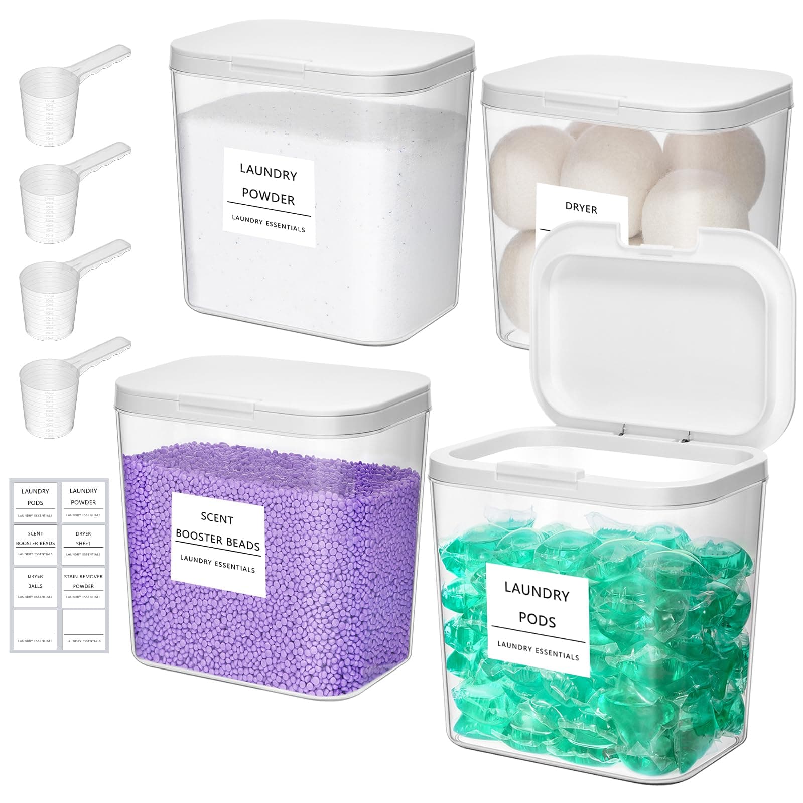 Lifewit 4 Pack Laundry Pods Container with Labels, Scoops and Pop-up Lid, Detergent/Powder/Capsule/Pot/Washing Tablets Storage Holder for Laundry, Bathroom, Kitchen Organisation, 2700 ml/0.72gal