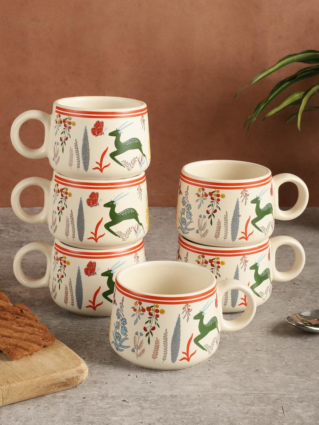 miah decor Ceramic Matte Printed Tea Coffee Mug Set of 6 Studio PoteryDrinkware Microwave Safe Stoneware Cups for Home & Restaurant-180 ml-Cream Multi