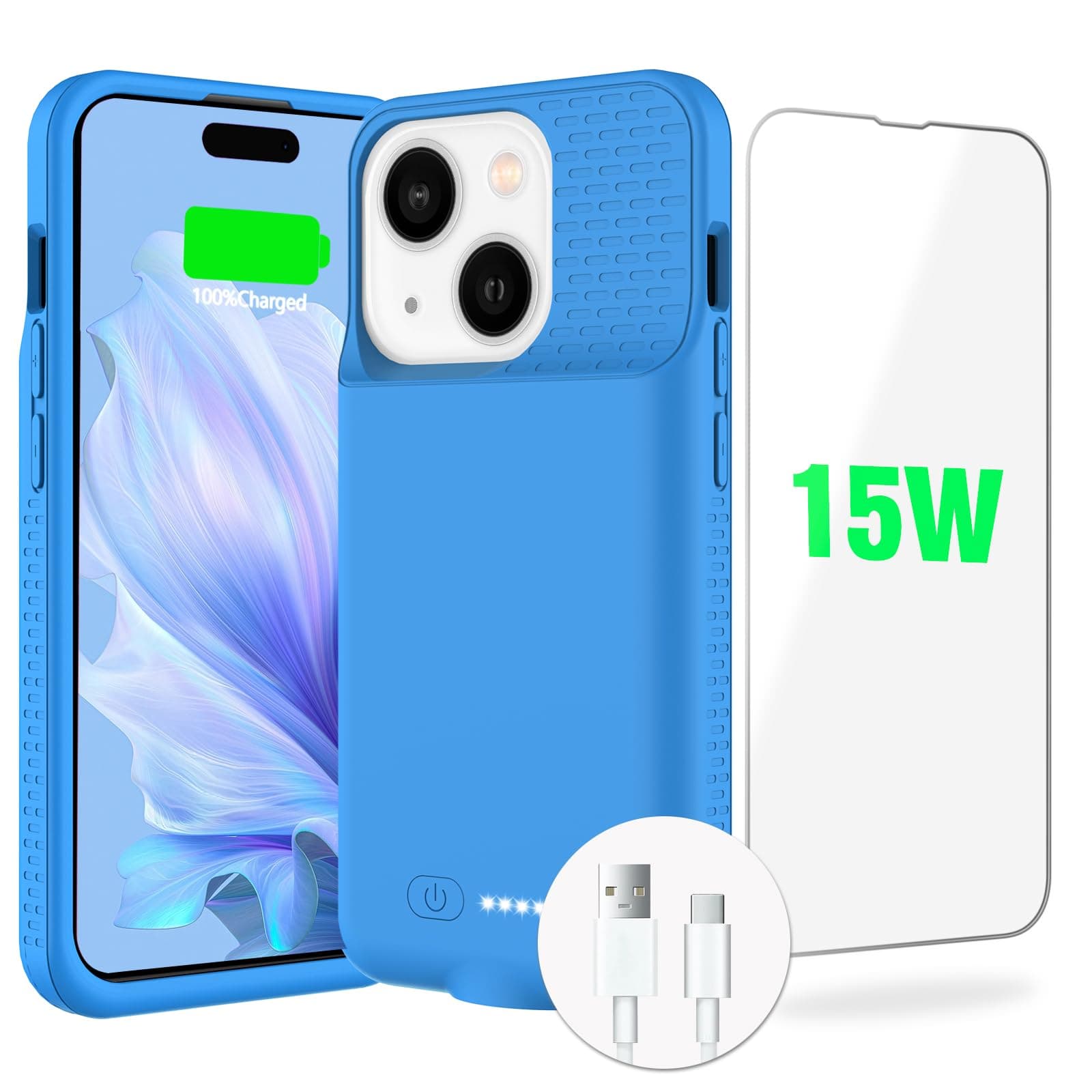 GIN FOXI 15W Fast Charging Battery Case for iPhone 15/15 Pro, Ultra-Slim Lightweight Powerful 7000mAh Charger Case Rechargeable Anti-Fall Premium TPU Anti-Slip Blue
