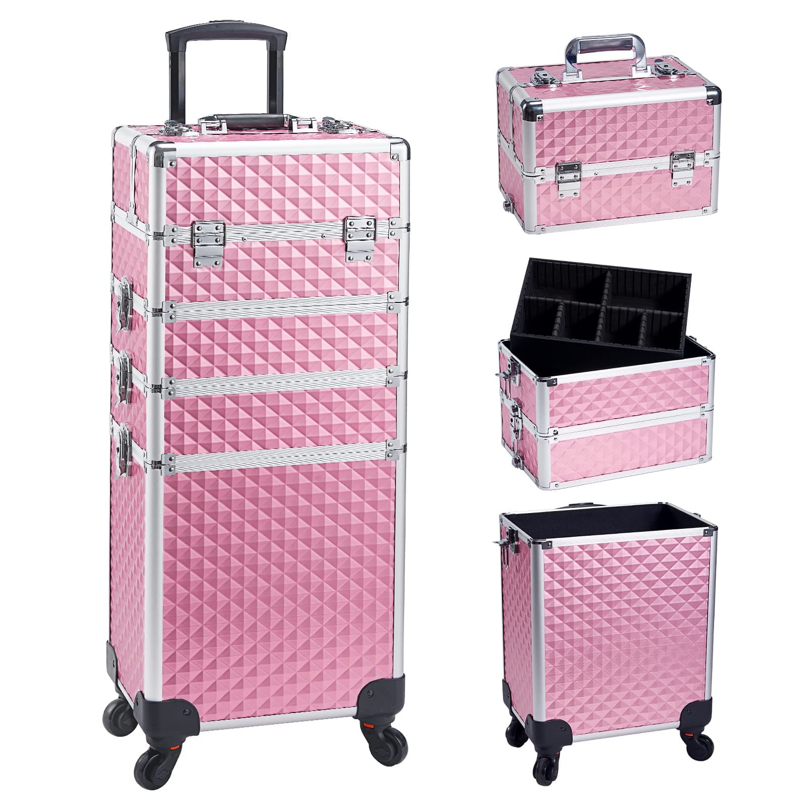 Adazzo 4 in 1 Rolling Makeup Trolley Train Case Cosmetic Suitcase, Box for Makeup Artist, Hairstylists, Nail Tech Students Barber Case with Keys Swivel Wheels - Shiny Pink