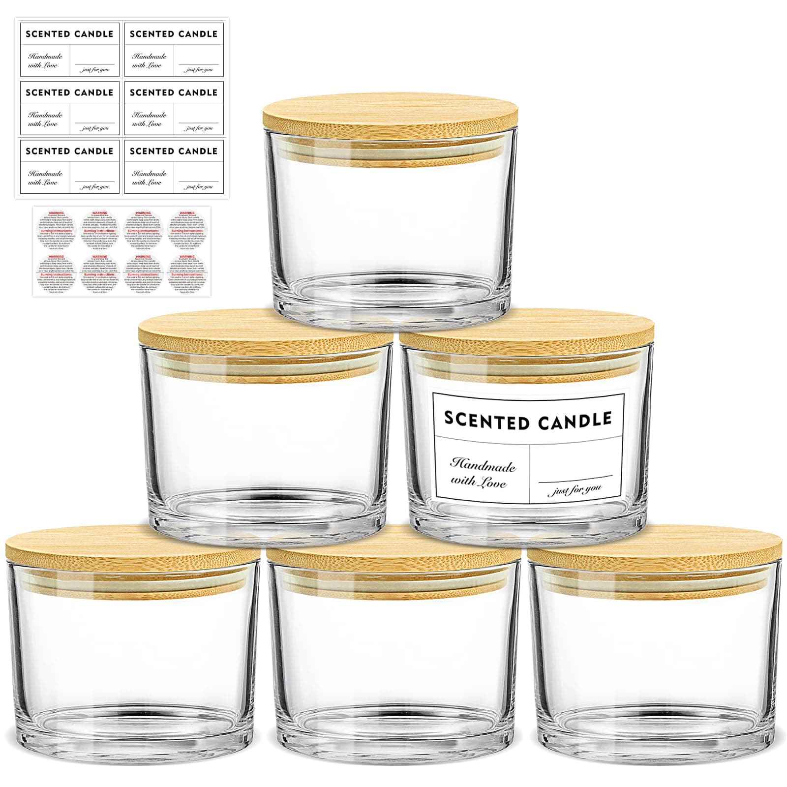 SUPMIND 16oz Candle Jars 6 Pack - 3 Wick Large Empty Clear Glass Candle Making Vessels with Bamboo Lids, with Stickers and Labels, Bulk Candle Jars for Making Candles Containers - Dishwasher Safe