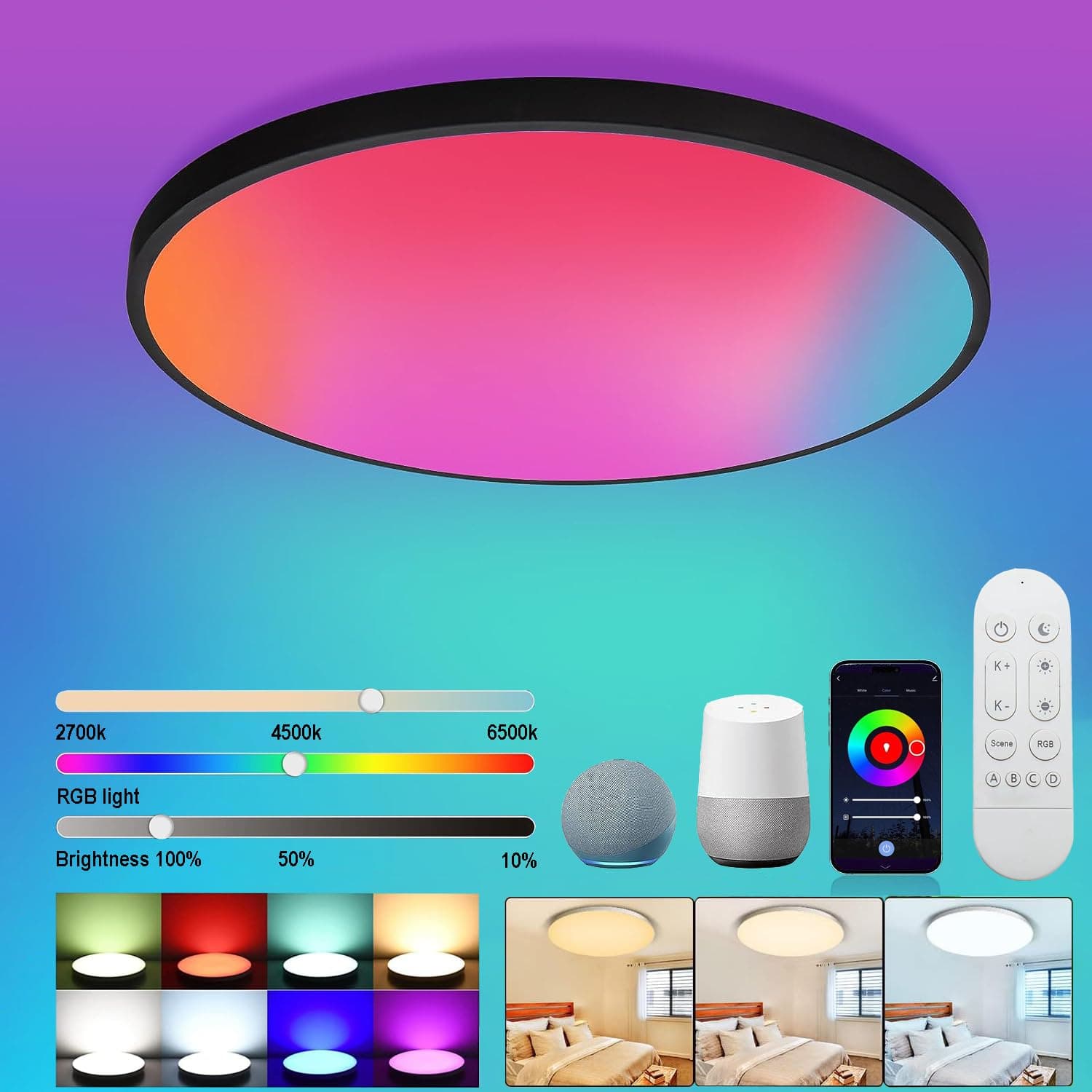 Redare Alexa Smart Ceiling Light,RGB Wifi Ceiling Light,30cm 24W Dimmable LED Flush Mount Ceiling Light Compatible with Alexa Google Home Color Changing Ceiling Lamp for Bedroom,Kitchen (WiFi, Black)