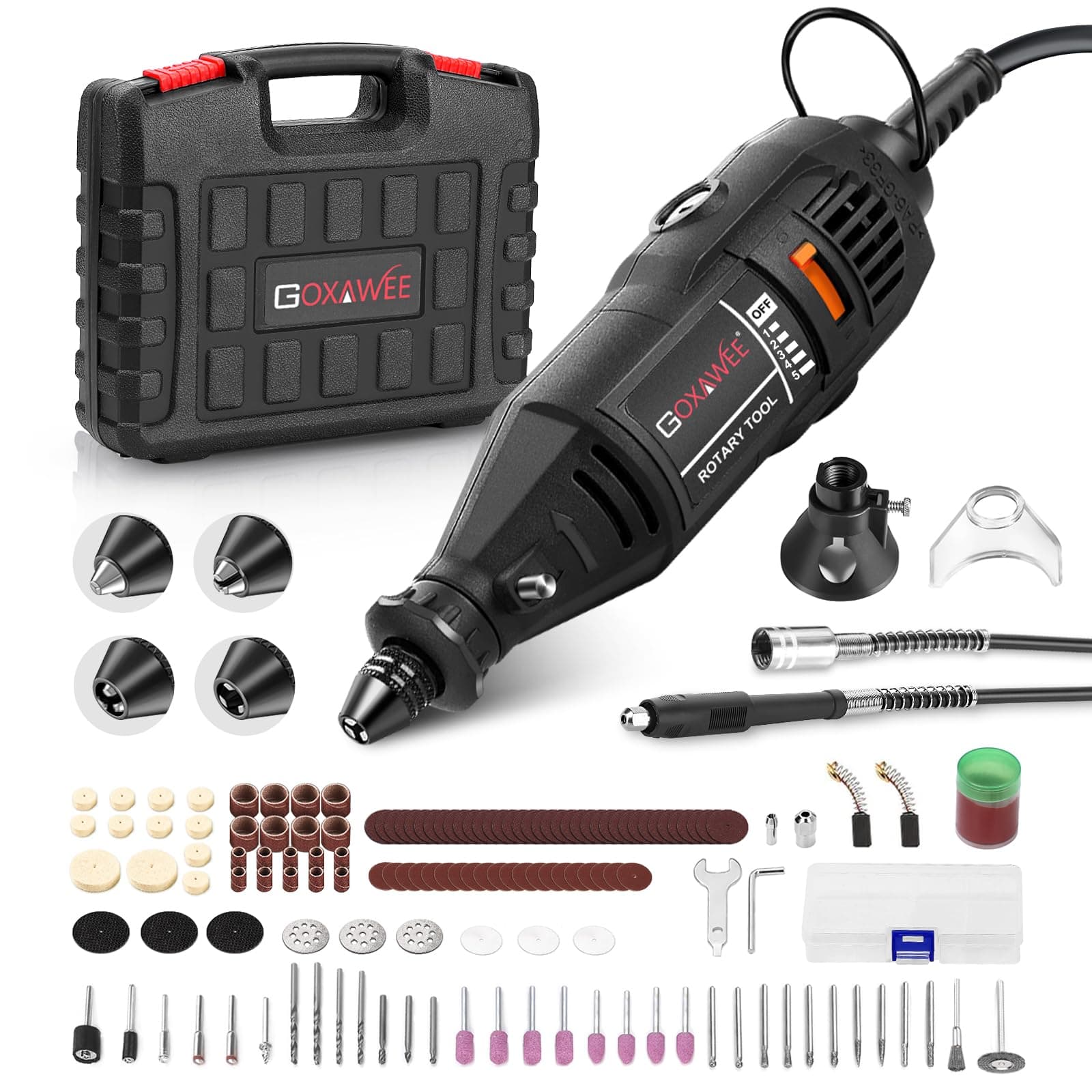 GOXAWEE Rotary Tool Kit with MultiPro Keyless Chuck and Flex Shaft - 140pcs Accessories Variable Speed Electric Drill Set for Crafting Projects and DIY Creations