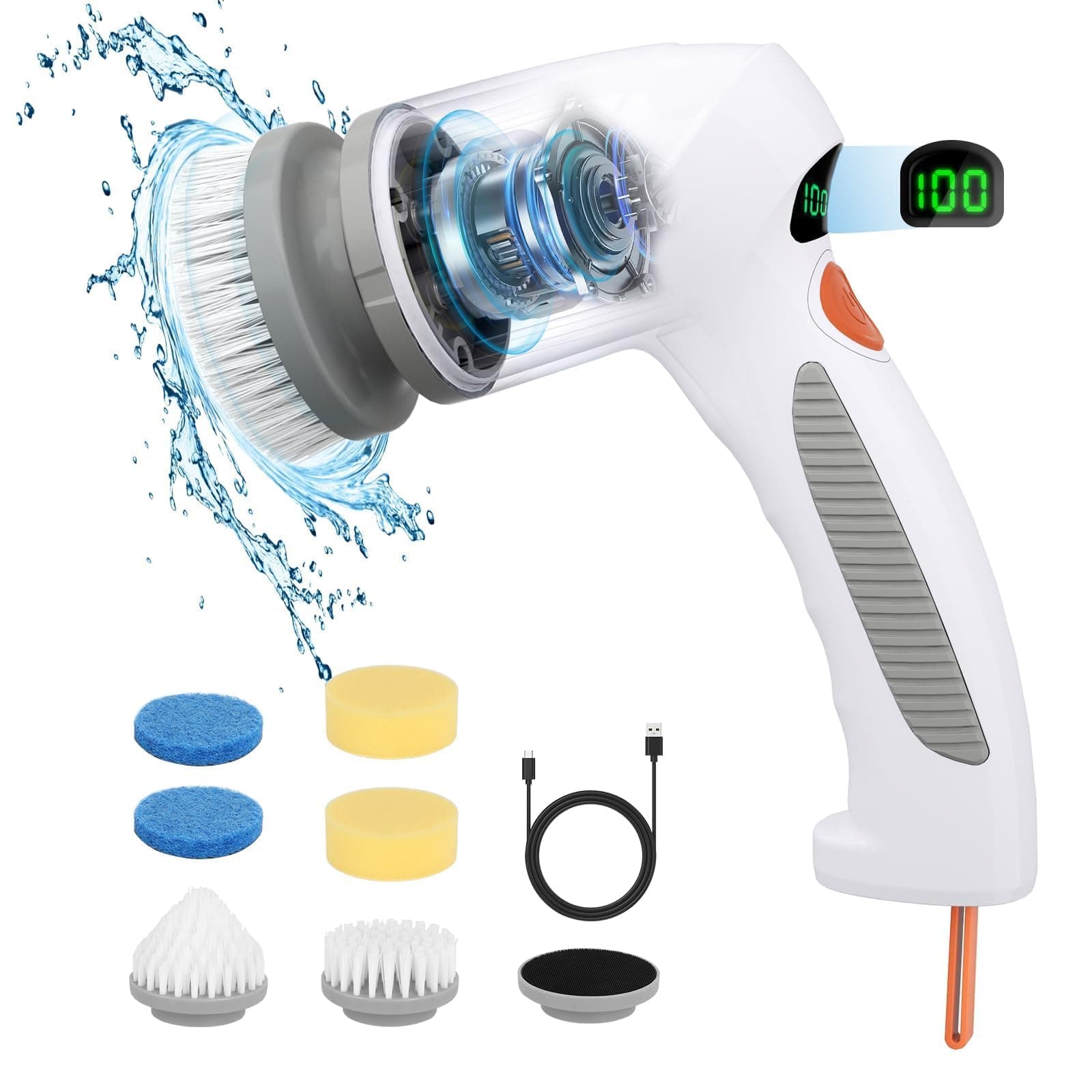 Sivomens Electric Spin Scrubber, Power Shower Scrubber with 6 Replaceable Heads & LED Display, 2 Speeds, Bathroom Scrubber Electric for Cleaning Stove, Tile, Bathtubs,Baking Sheet, Car, White