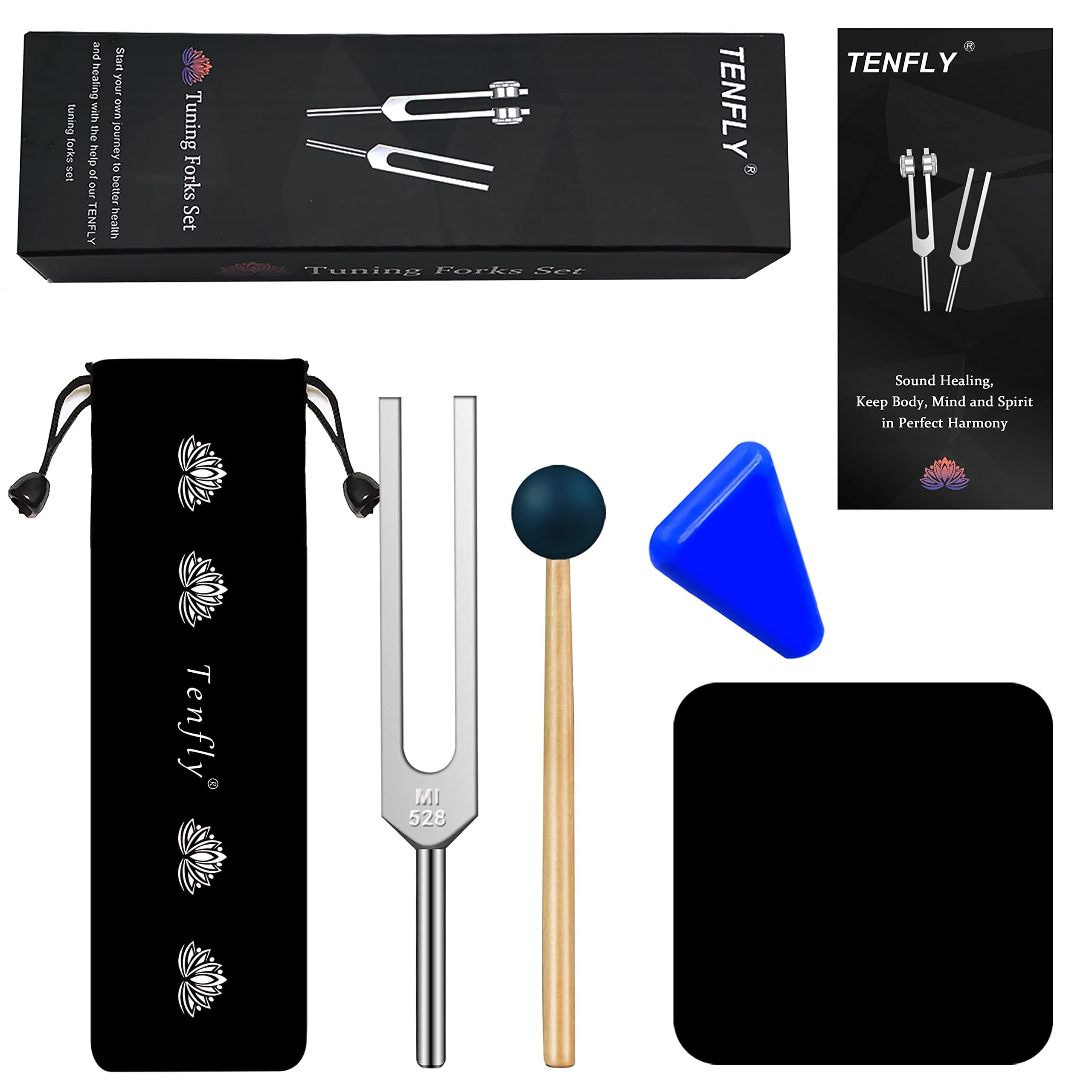 FLYH 528 Hz Tuning Fork, with Silicone Hammer (black) 、Triangular Silica Gel and Cleaning Cloth Perfect Healing Musical Instrument.
