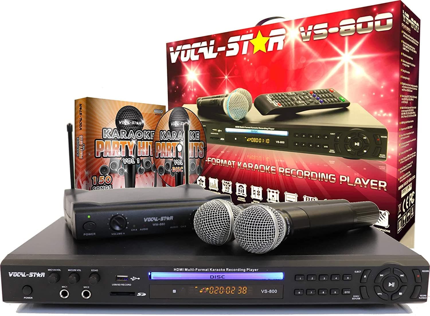 Vocal-Star VS-800 Karaoke Machine With 2 Wireless Microphones & 150 Top Songs HDMI / Bluetooth / CDG MP3G / Records Singing / Scores / 4 Microphones Inputs