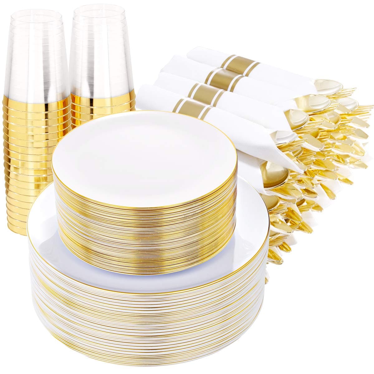Supernal 350pcs Gold Plastic Plates,Gold Plastic Dinnerware Set,Pre Rolled Gold Plastic Silverware,Include 50 Dinner Plates,50 Salad Plates,50 Rolled Napkins,50 Cutlerty Sets,50 Gold Rim Cups