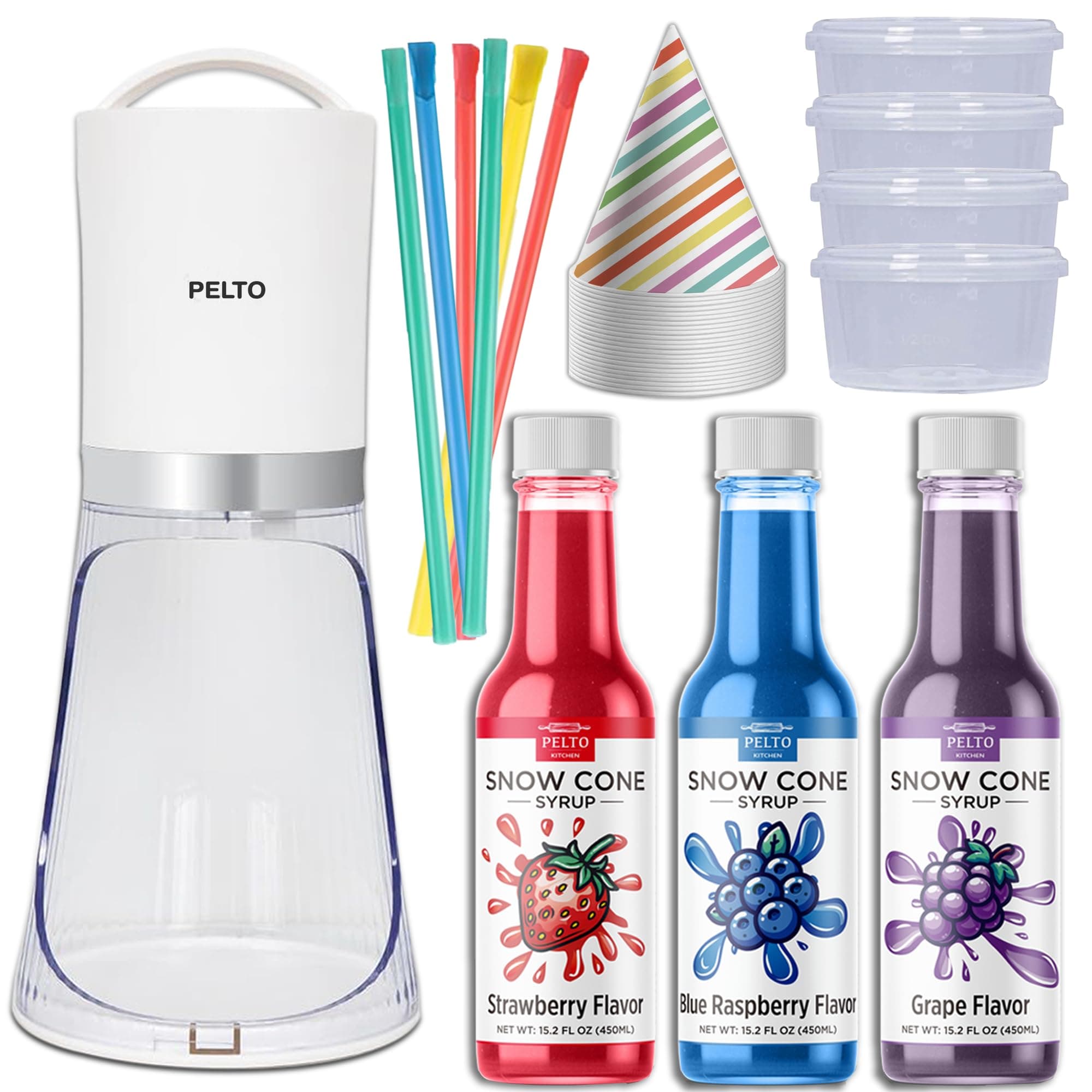 Snow Cone Machine set with 3 Flavors, 25 Cone Cups, 25 Straws, 4 Ice Molds - Strawberry, Blue Raspberry, Grape - Hawaiin Slushie Flavors - Electric Shaved Ice Maker Kit for Kids Birthday Gift Party