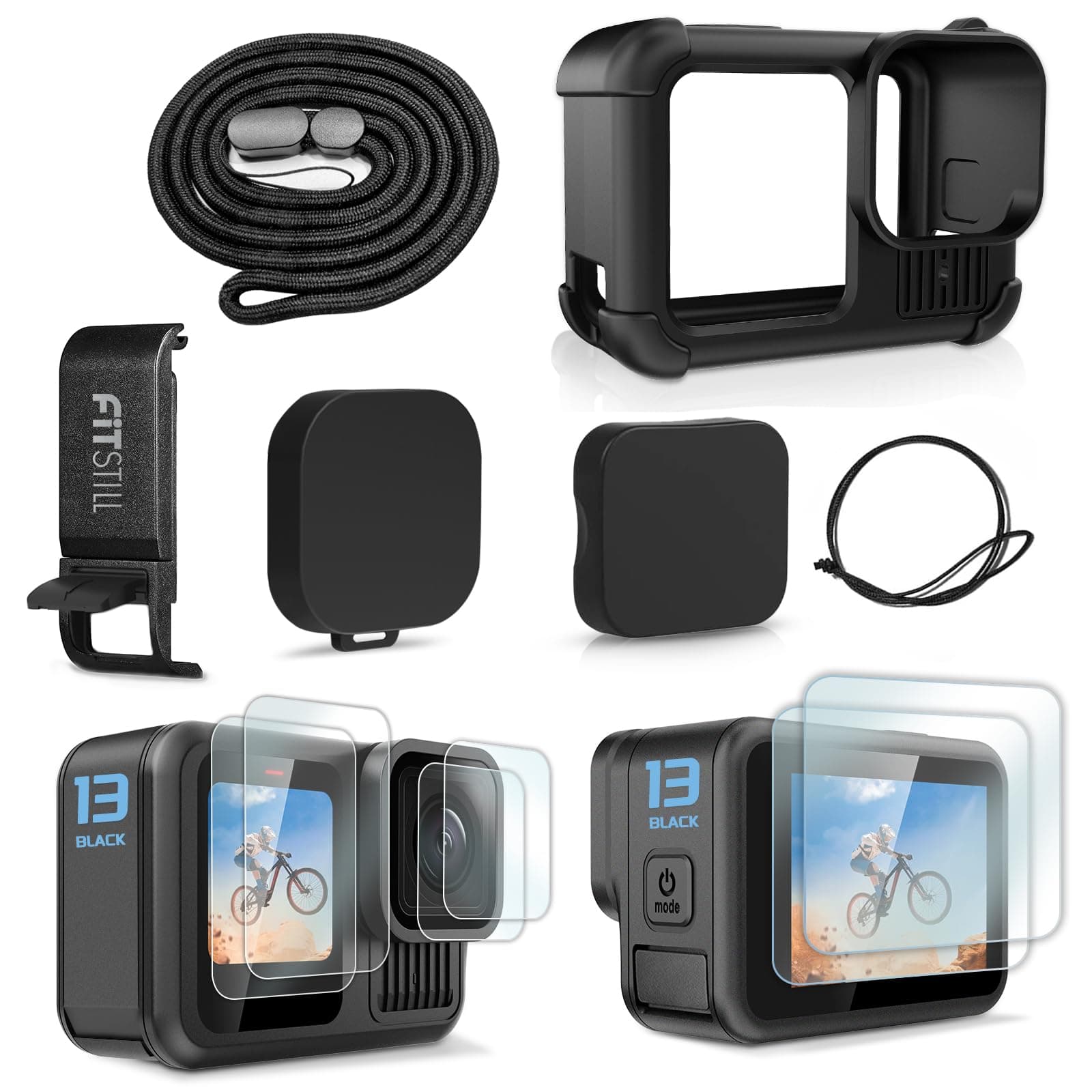Fitstill Black Silicone Sleeve Rubber Protective Case Only For Go Pro Hero 13 Black,Battery Side Cover&Screen Protectors& Lens Caps&Lanyard Accessories Kit