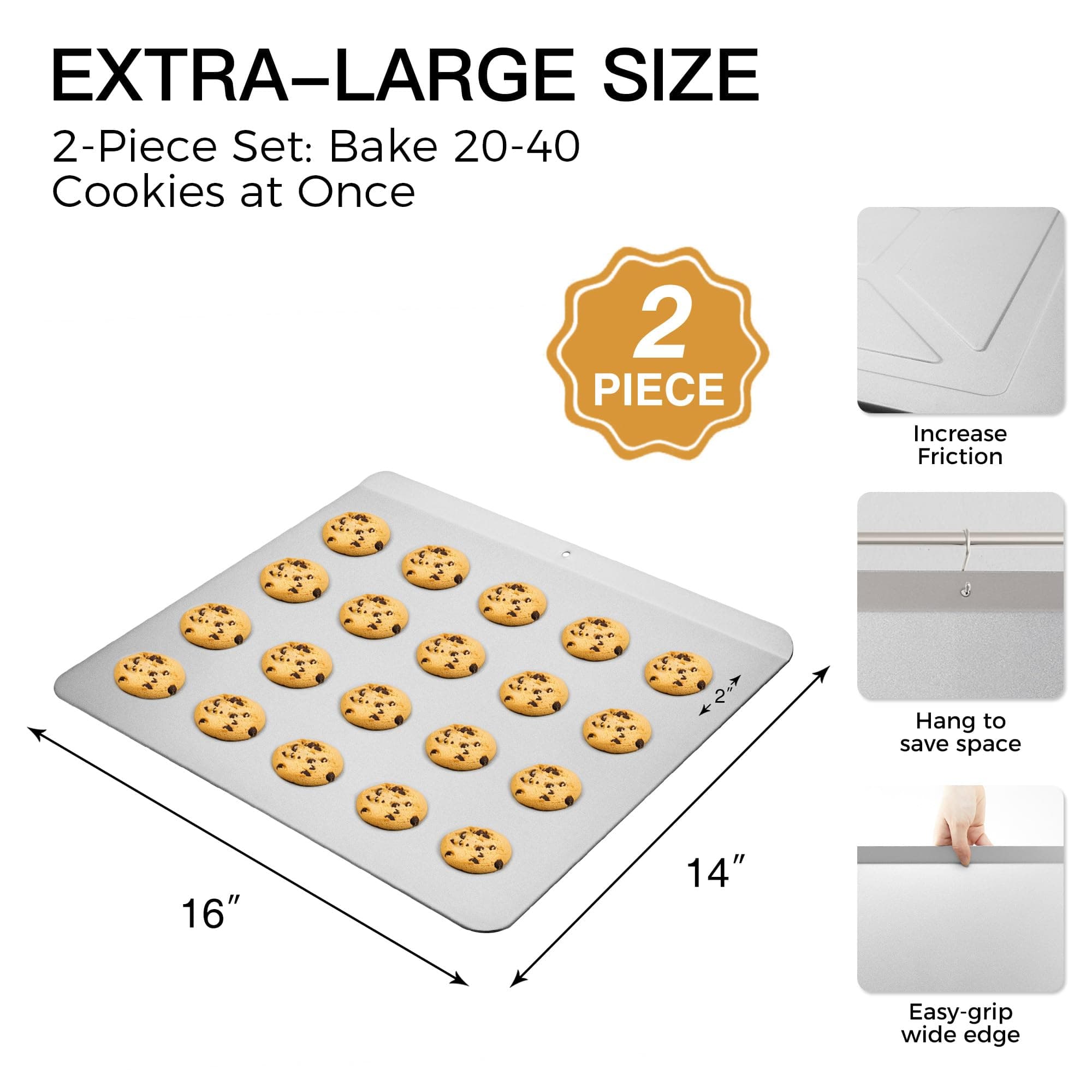 HONGBAKE Nonstick 16'' x 14'' Cookie Sheet 2 Pack- Commericial Large Baking tray Insulated Baking Sheets for Oven PFOA Free Cookie Sheets for Baking, Dishwasher Safe, Grey