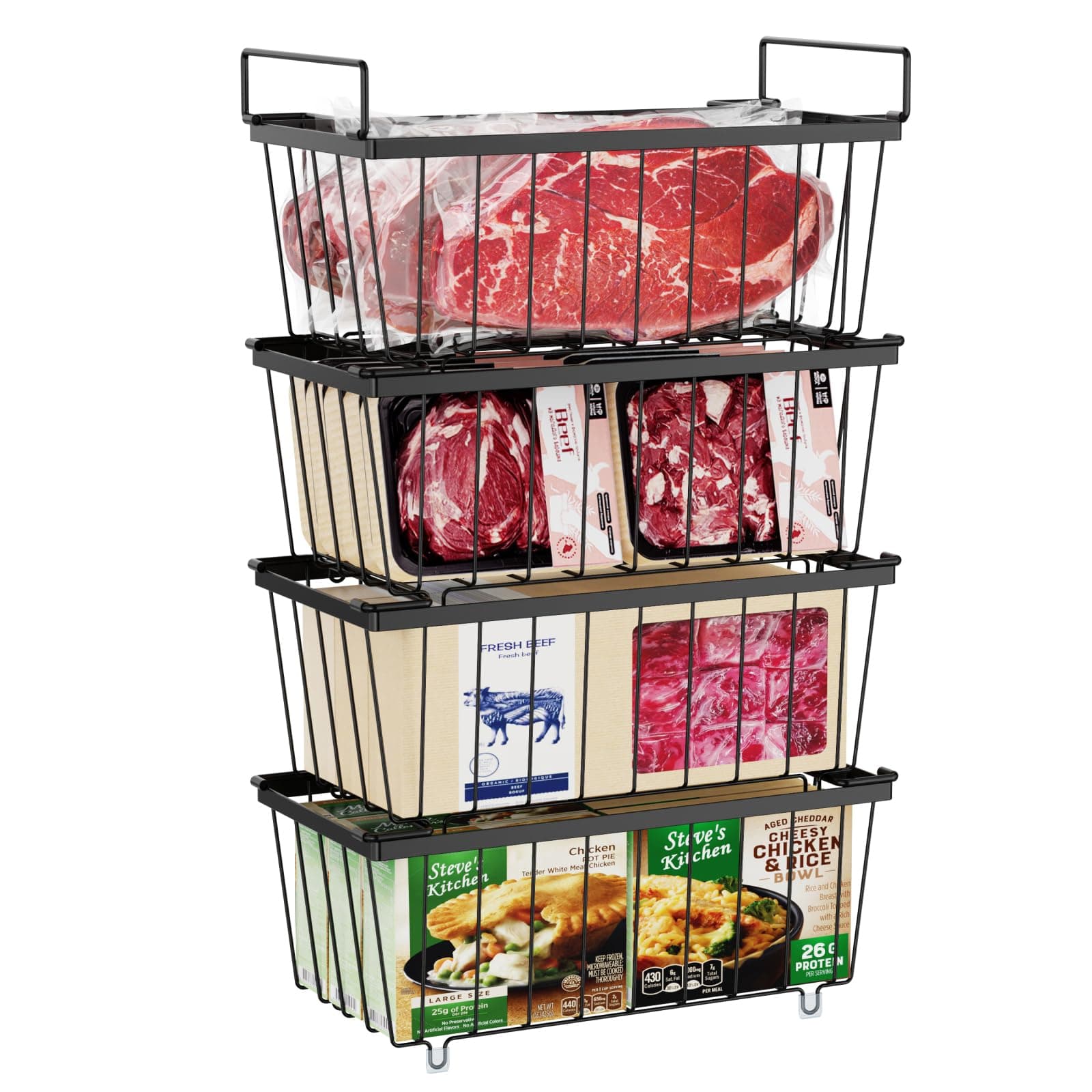 iSPECLE Chest Freezer Organiser - 4 Pack for 198 Litre Deep Freezer, Stackable Wire Chest Freezer Baskets to Sort Frozen Food, Freezer Storage Bins with Handles for Easy Access, Black