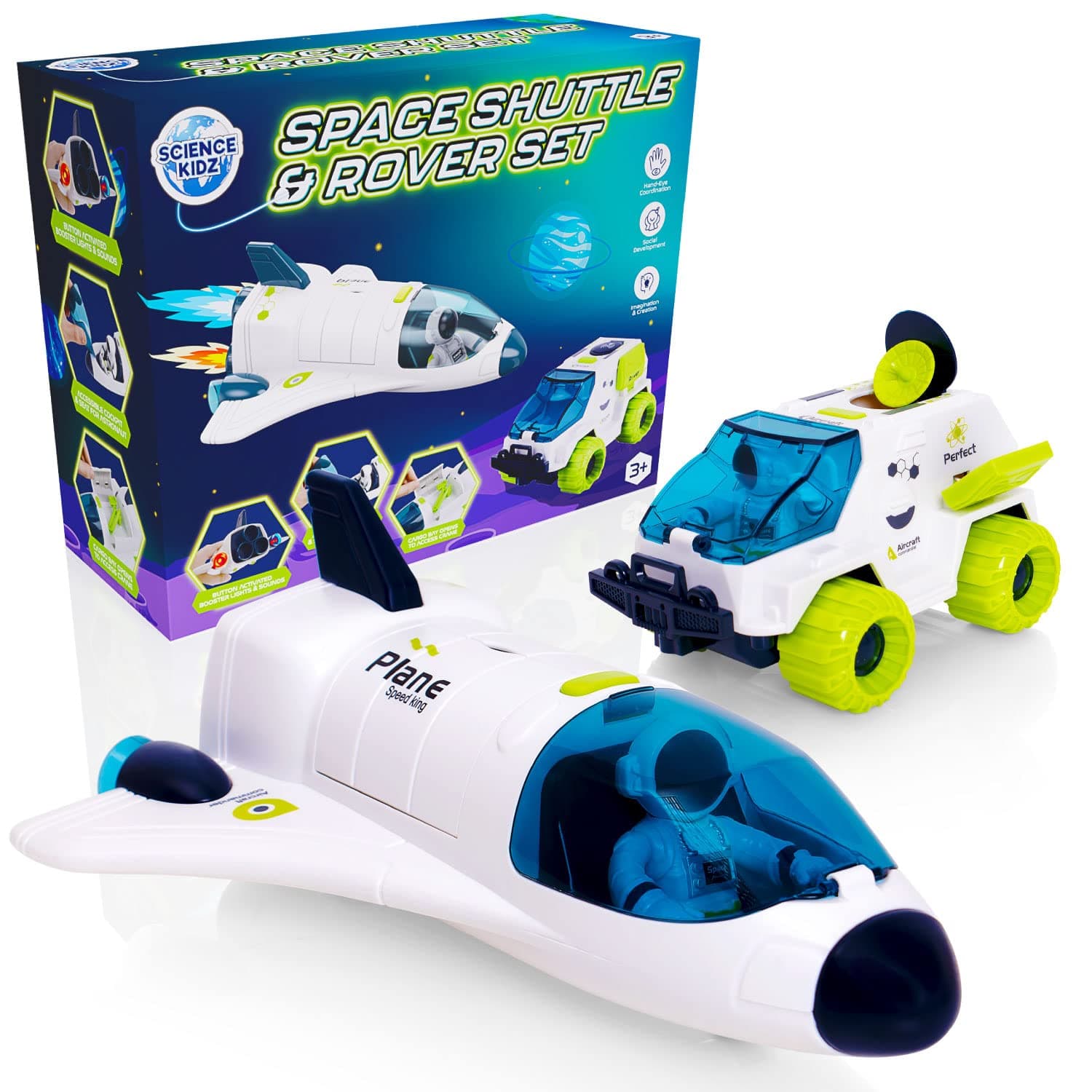 Science Kidz Space Shuttle & Rover Car Set - Space Rocket Toys For Kids - 3 to 5 Year Olds - With 2 Astronauts & Batteries Included