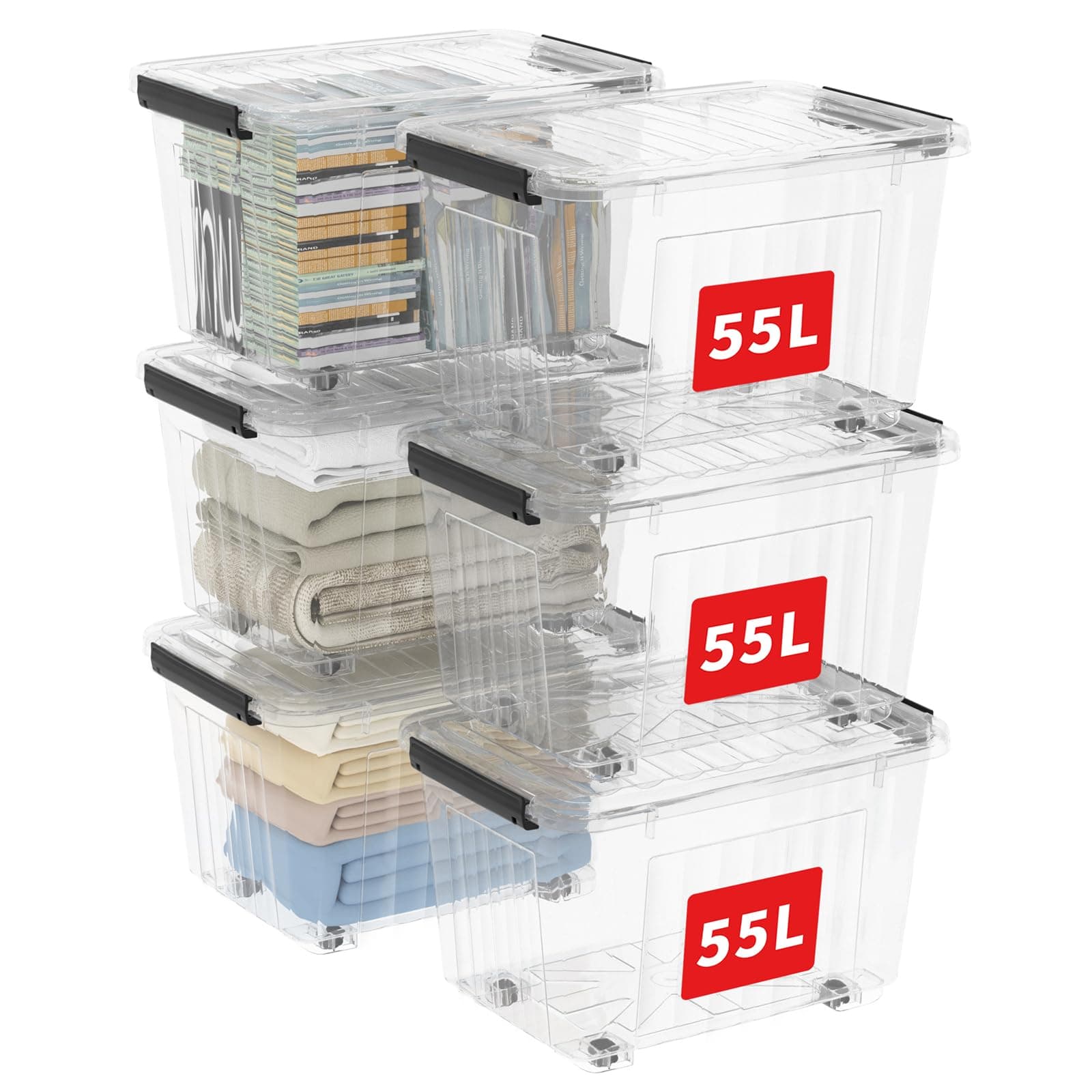 Cetomo 55L*6 Plastic Storage Boxes with Wheels, Lidded Storage Box with Secure Side Latches, PP Nestable and Stackable Clear Organizer for Home, Office, Moving, Transparent, 55L-6 Pack