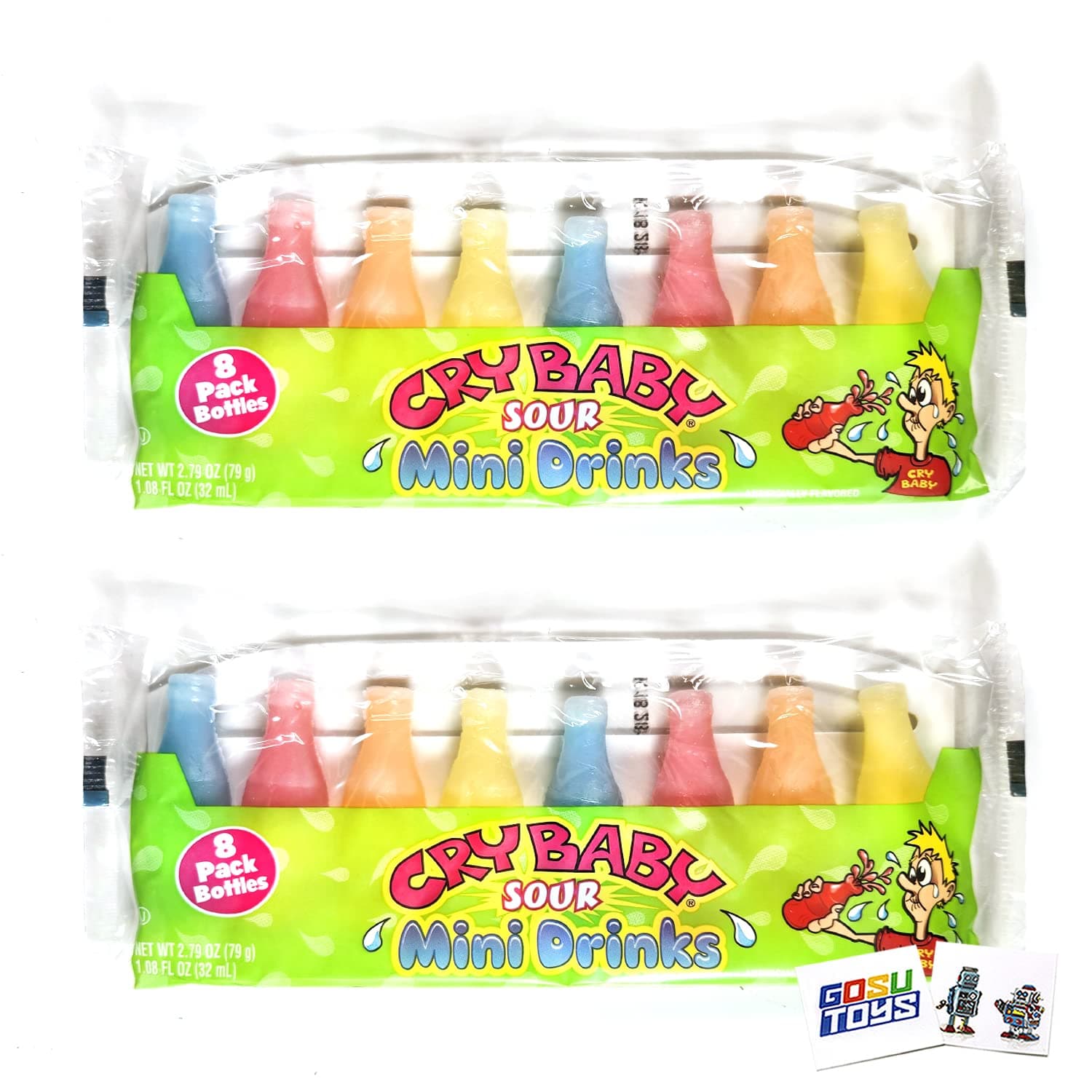Cry Baby Sour Mini Drinks 2 (8 Pack Bottles) with 2 Gosutoys Stickers