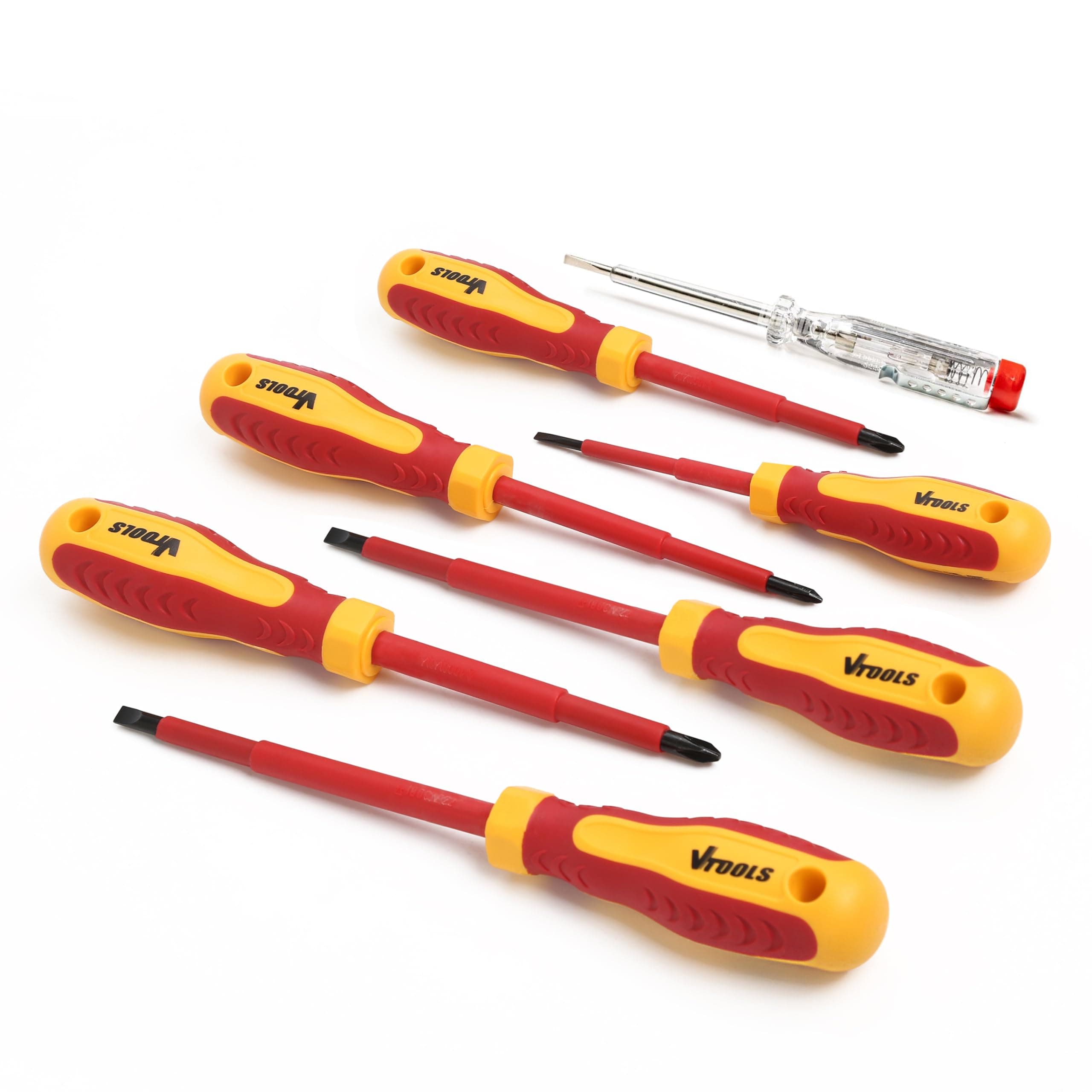 VTOOLS 7-Piece Insulated Screwdriver Set with Voltage Tester, VDE Certified 1000V, Magnetic, Professional, Cushion Grip, Ergonomic Handle, Flat & Phillips
