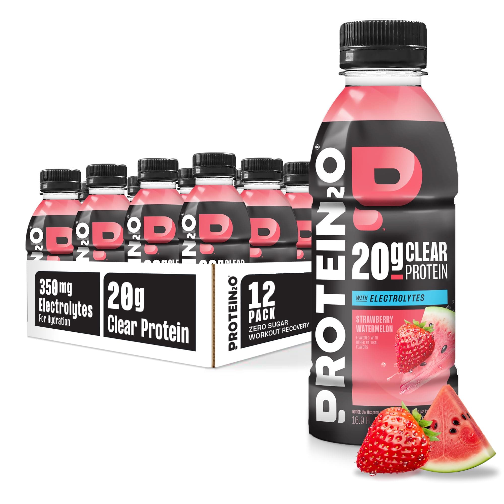 Protein2o Hydration Drink - 2-in-1 Liquid Clear Whey Protein Isolate and Electrolyte Drink - 20g Protein, Vitamins B5, B6 - Post-Workout Recovery - 16.9 Fl Oz - 12 Count Strawberry Watermelon