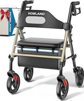 HOMLAND Foldable Rollator Walkers with Seat for Seniors, 8'' Big Wheels, 350 lb. Weight Capacity, Adjustable Handles and Seat Height, Lightweight Rolling Walker, Champagne Gold