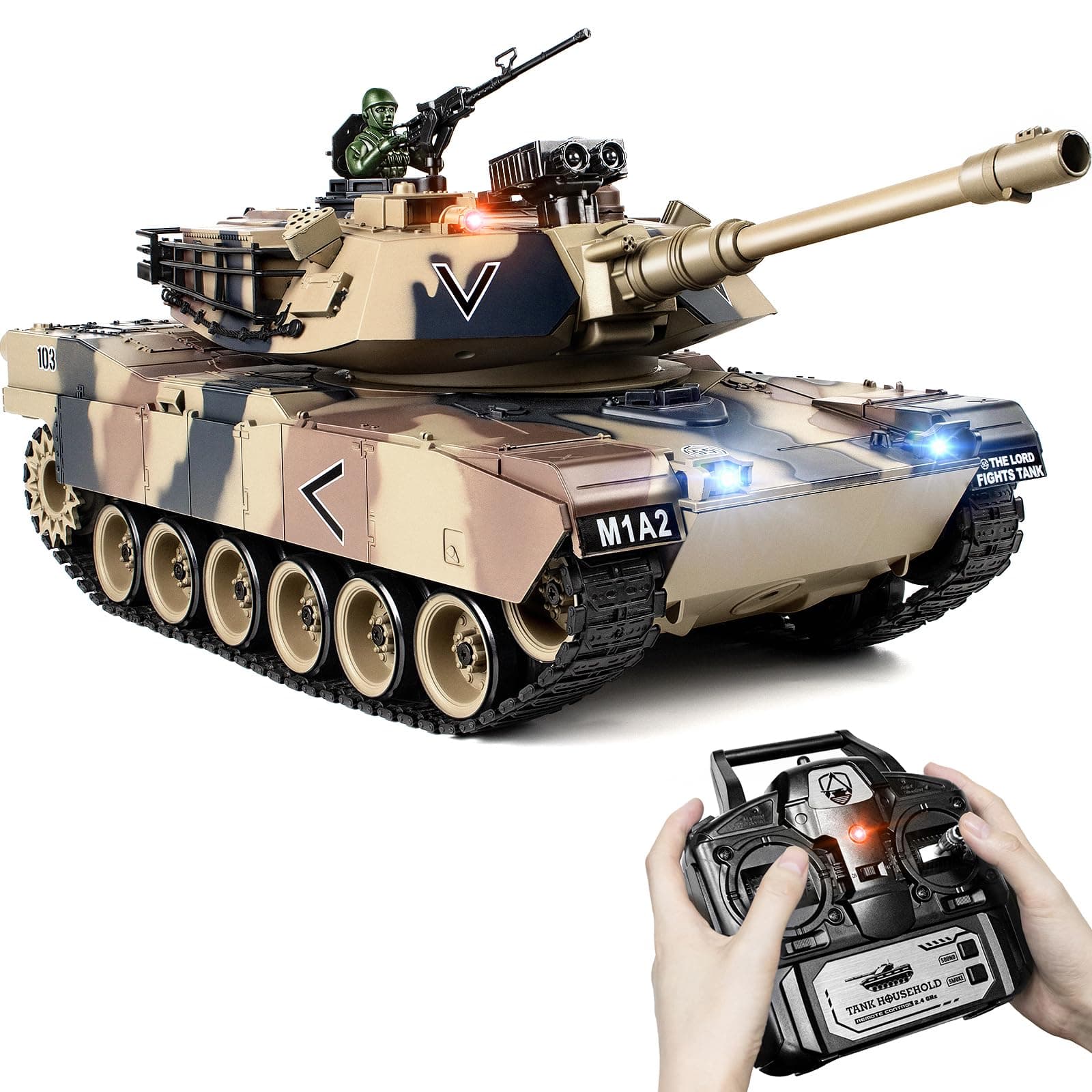 1:18 RC Tank M1A2 Abrams, 2.4Ghz Remote Control Tank, Military Model 15 Channel Tactical RC Battle Vehicle with BB Firing, Recoil, Smoke , Lights, Sound & Volume Switch – Toy Gift for Kids and Adults