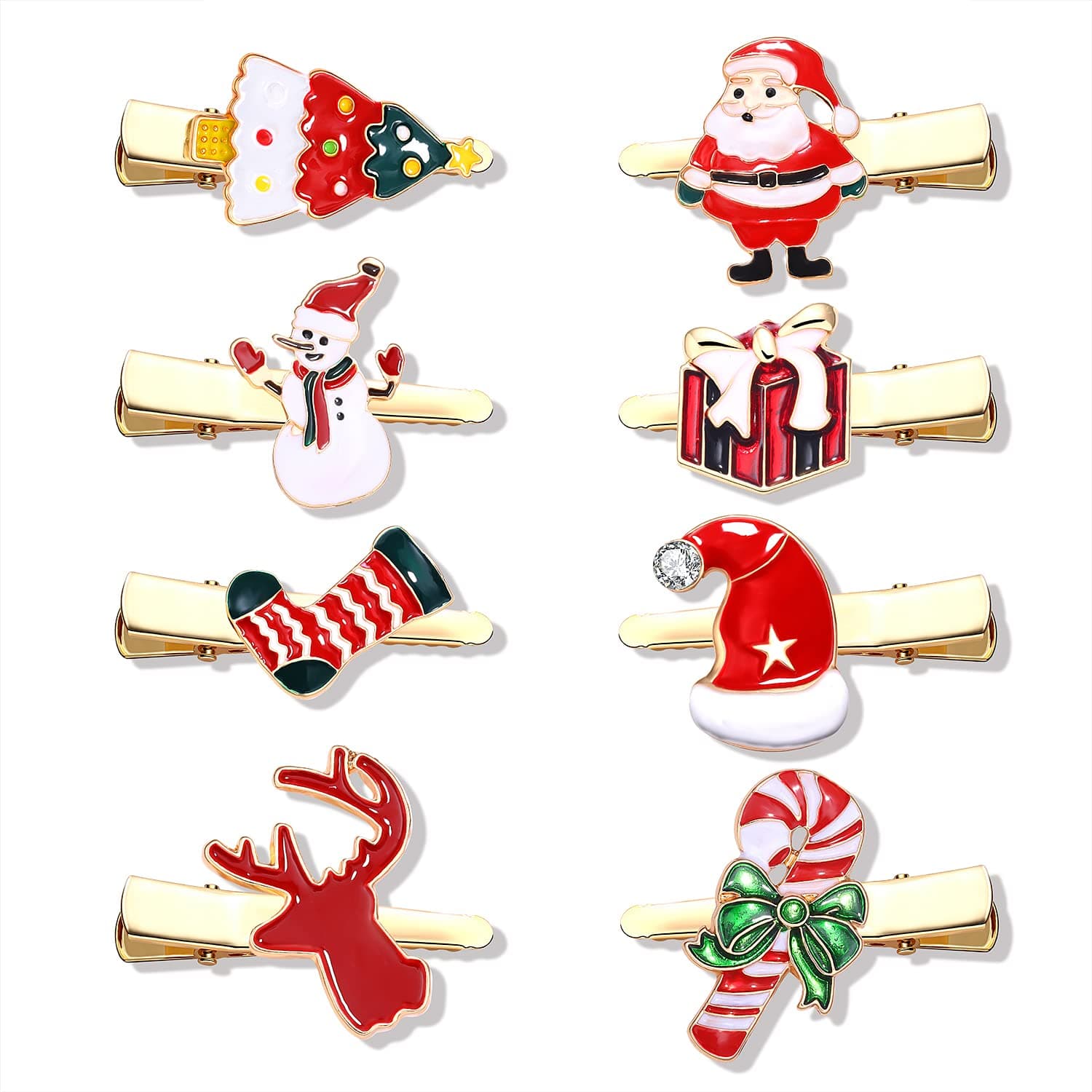 Boderier 8 Pack Christmas Hair Clips Enamel Christmas Tree Reindeer Socks Snowflake Clips Hair Barrette Accessories for Xmas Holiday Gift A