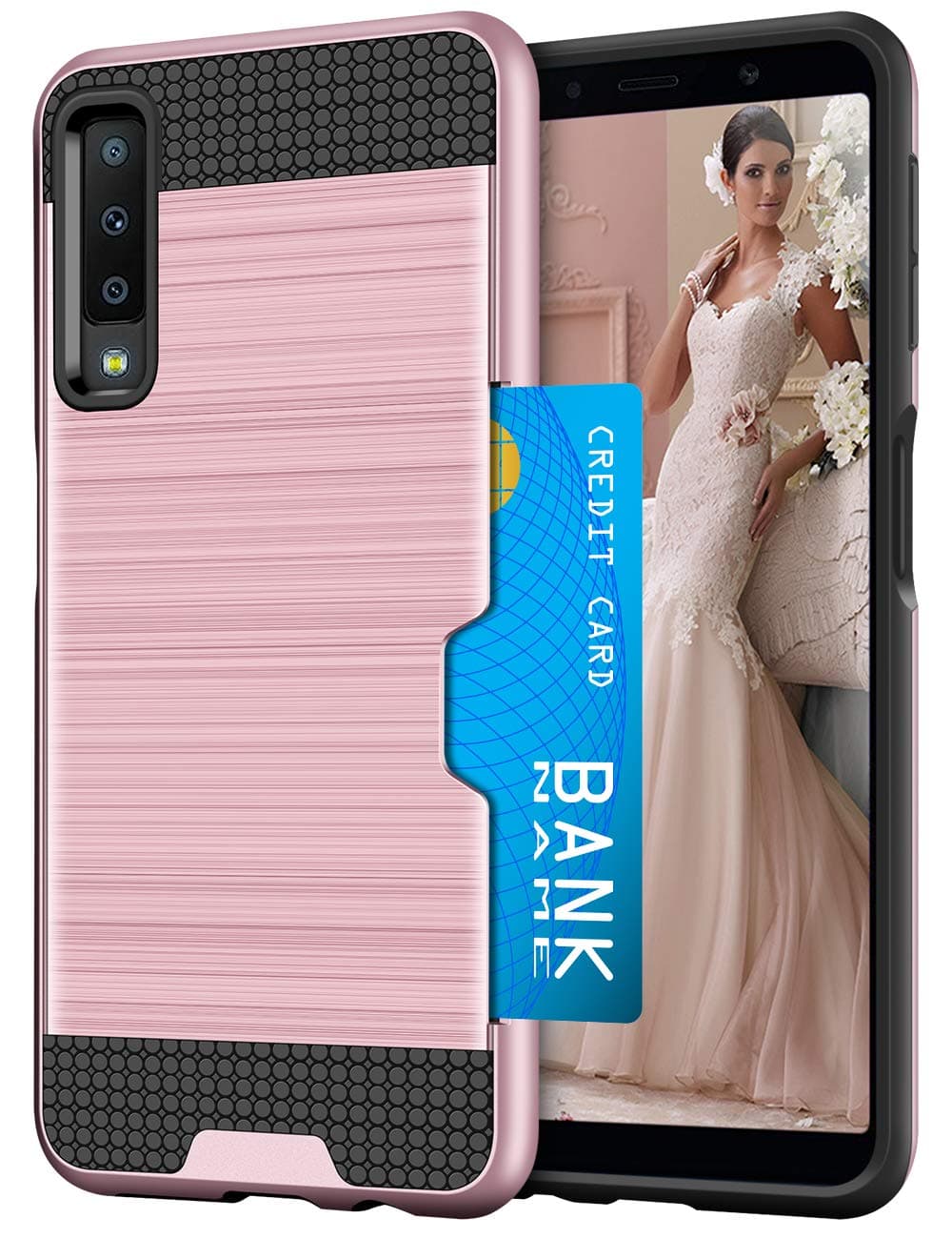 Vunake for Galaxy A7 2018 Case Dual Layer Hard Brushed Galaxy A7 2018 Wallet Case with Hidden Card Slot Heavy Duty Shockproof Rugged Protective Phone Case for Samsung Galaxy A7 2018, Rose Gold