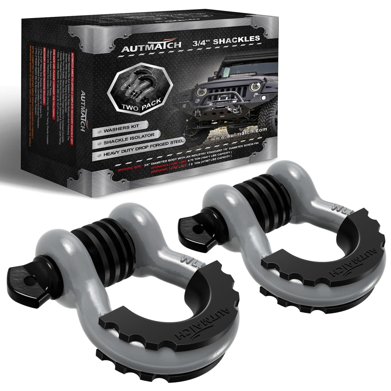 AUTMATCH D Ring Shackle 3/4" Shackles (2 Pack) 41,887Ibs Break Strength, Clevis Shackle with 7/8" Screw Pin and Shackle Isolator Washers Kit for Tow Strap Winch Off Road Vehicle Recovery, Gray