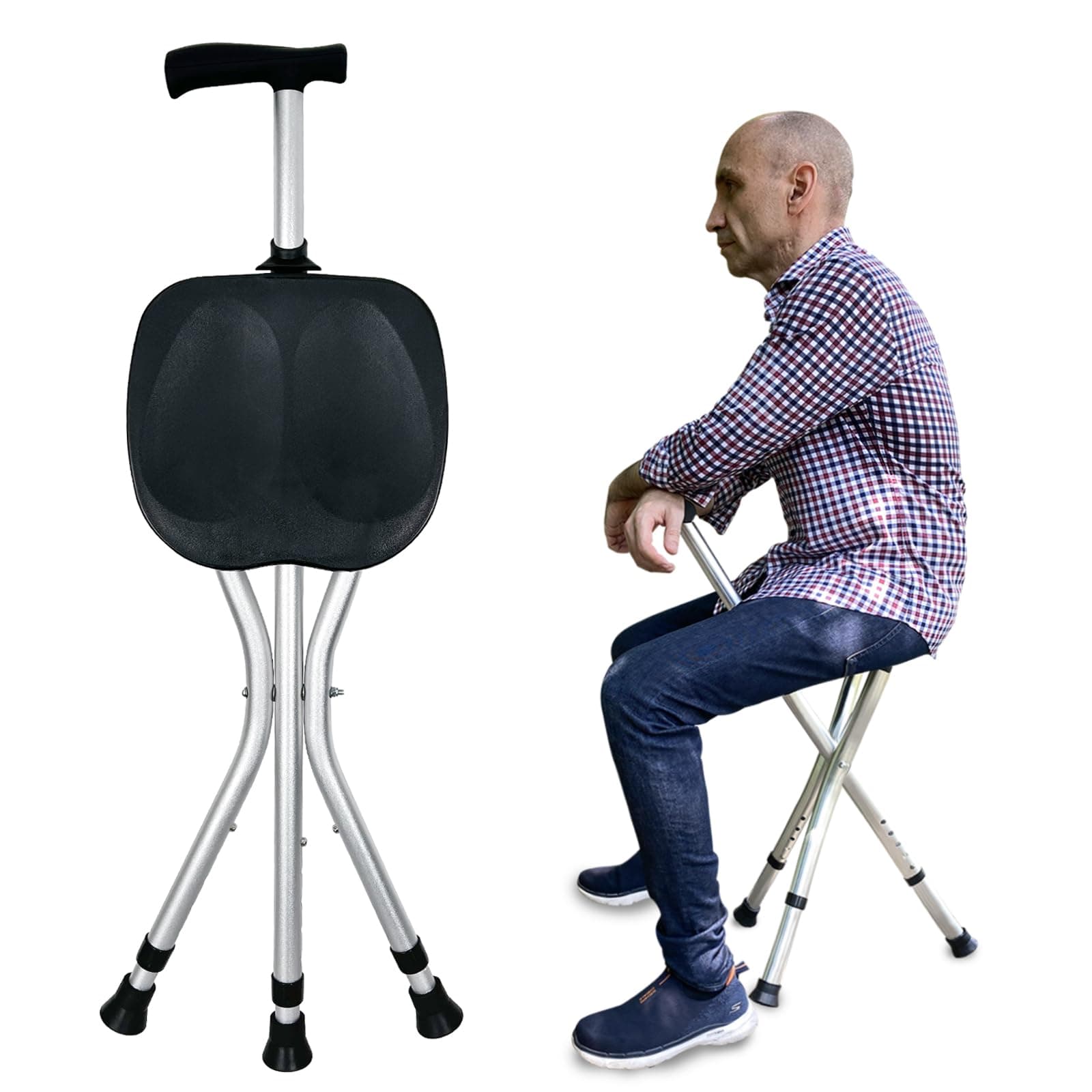 Portable Adjustable Folding Walking Cane with Seat Allows Durability While Walking and Convenience for Sitting, Alloy Crutch Chair, Anti-Slip Lightweight Walking Stick for Seniors