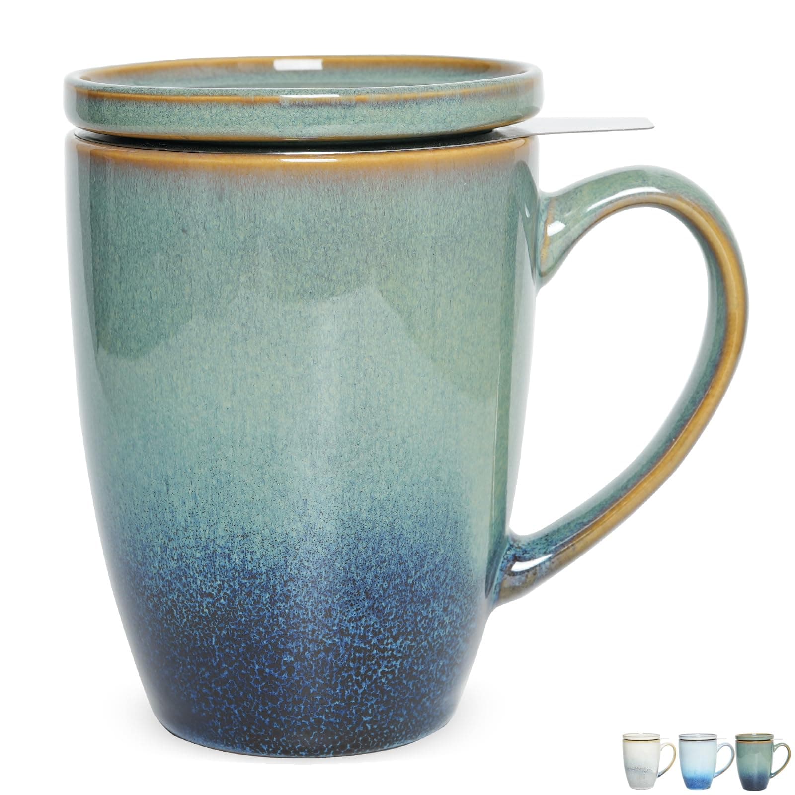 Bosmarlin Ceramic Tea Cup with Infuser and Lid, 13.5 Oz, Loose Leaf Tea Steeper Mug with Strainer, Microwave and Dishwasher Safe, Reactive Glaze (13.5 Oz, Pale Green)