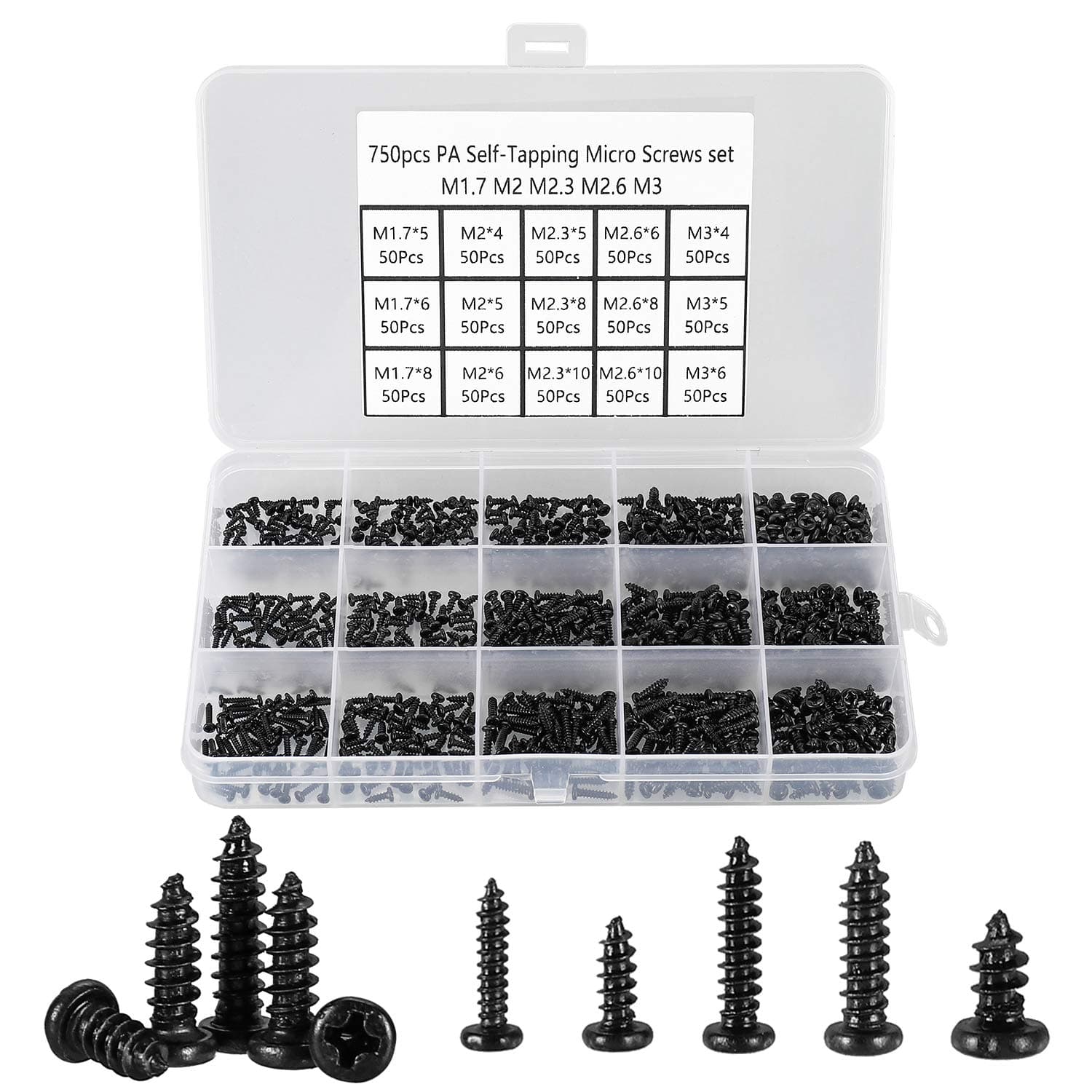 750 Pcs Small/Micro/Tiny/Mini Self-Tapping Screws, M1.7-M3 Phillips Pan Head, Cross Recessed, DIY Electronic, Carbon Steel (Black)