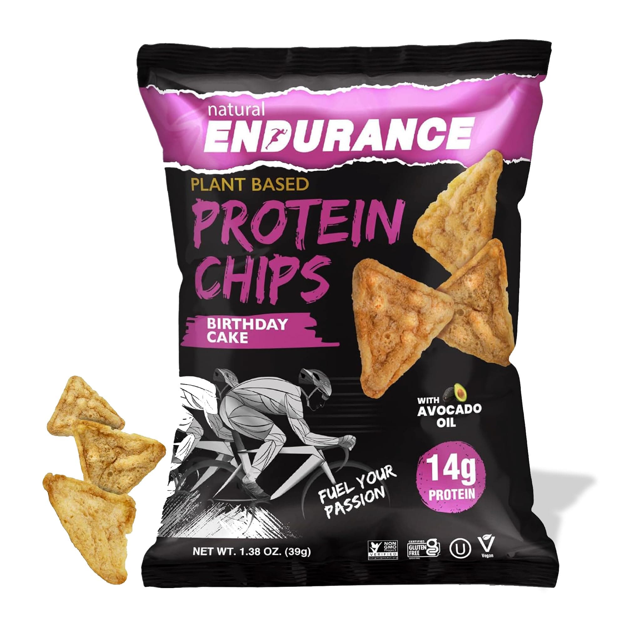 Natural Endurance Protein Chips - Low Carb Chips, High Protein Snack, Vegan Protein with Avocado Oil, 14g Protein Per Bag, Gluten Free, Birthday Cake Flavor - 1.38 oz Bags (Pack of 12)