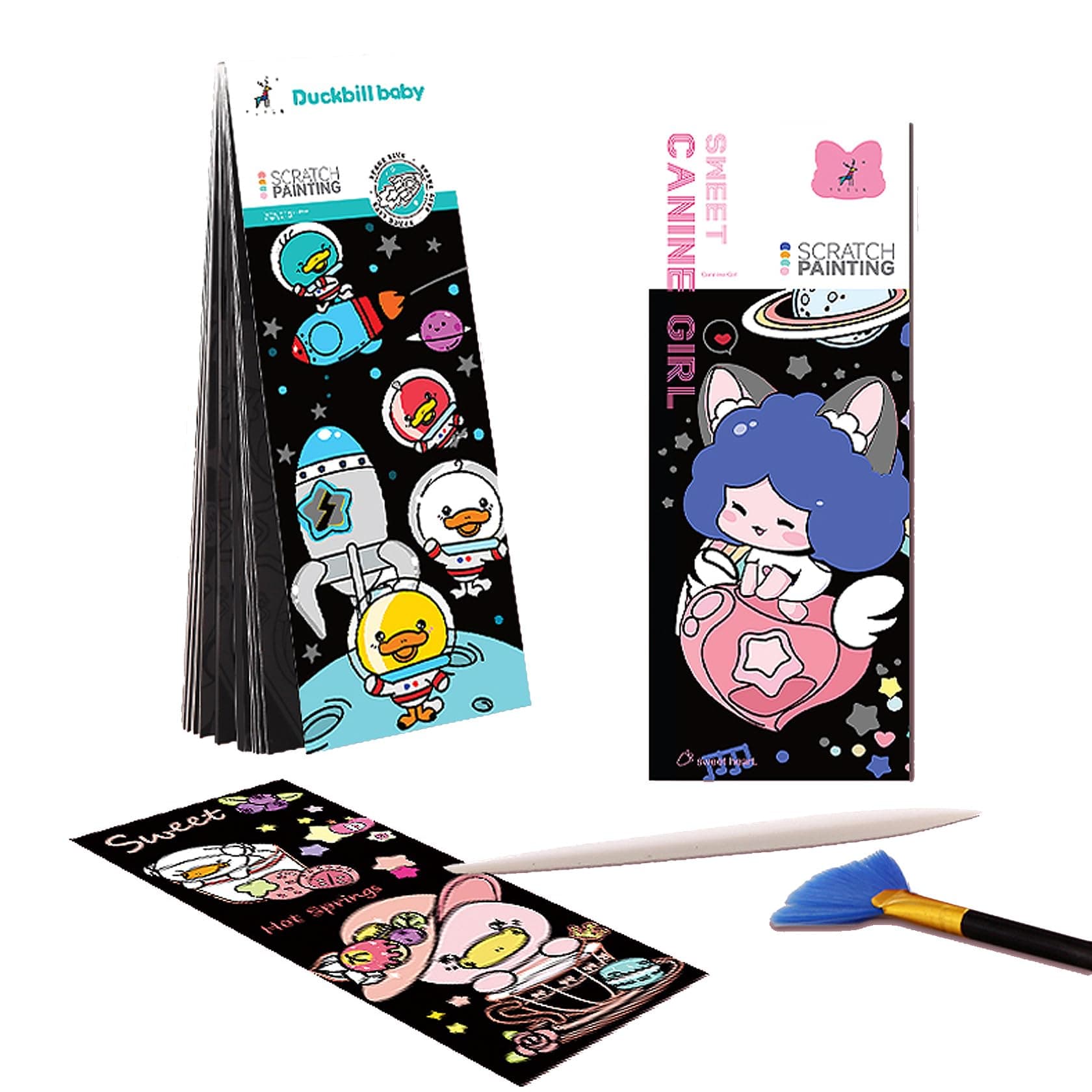 40 Card Rainbow Sparkle Scratch Painting Note, Hand-Eye Coordination Art&Crafts, Mini Magic Scratch DIY Graffiti Creative Bookmarks Gift for Kids&Adults, 8.5''x3.2'' (Canine Girl/Duckbill Baby Space)