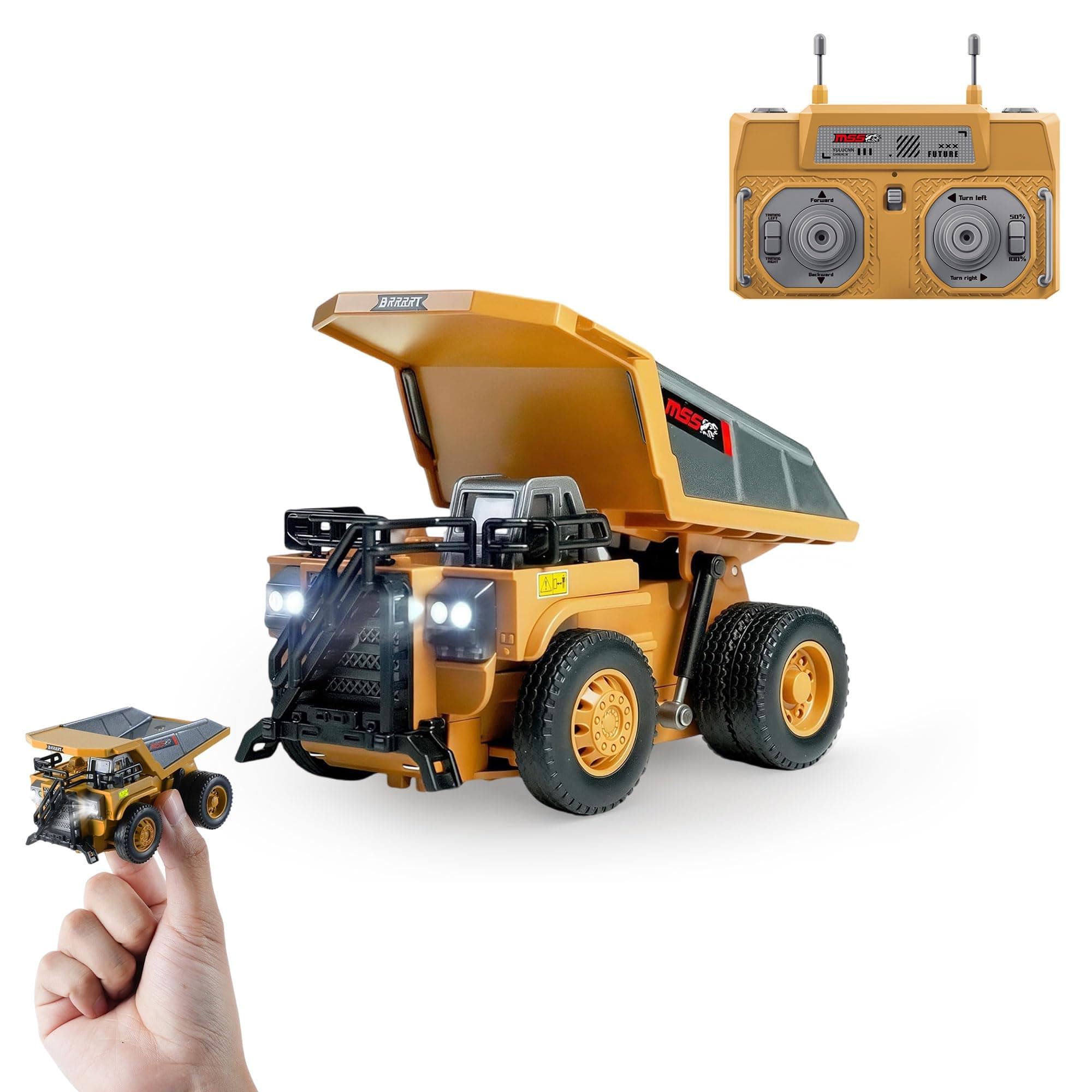 1/64 RC Dump Truck,Full Proportion Mini Dump Truck Toy,8-Channel Remote Control Toy with Metal Bed & Light, RC Construction Vehicles,Type-C Built-in Battery for Boys and Girls Age 3+