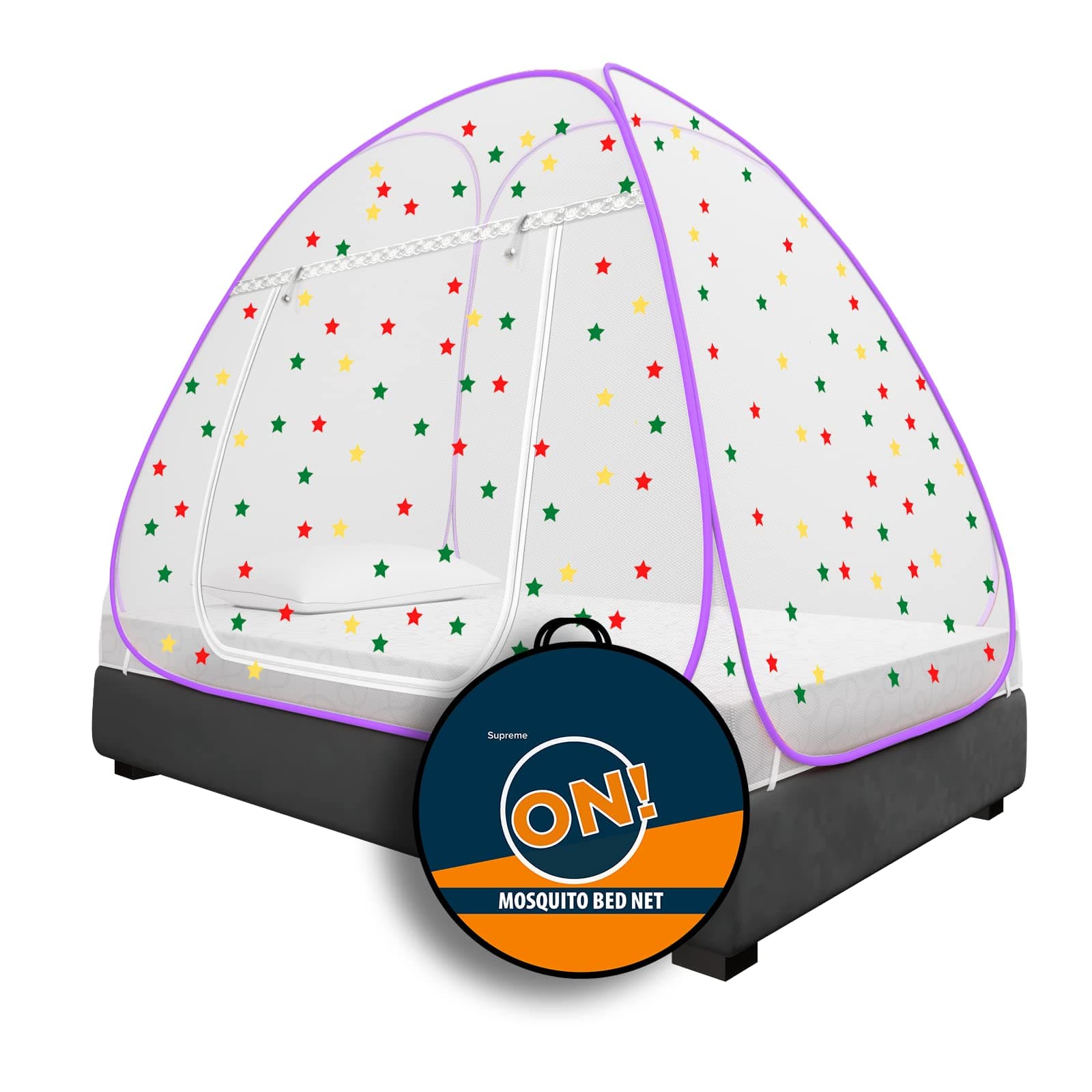 KOLAR Supreme On Mosquito Net for Single Bed, 6.5 Feet X 4 Feet Premium Machardani with 30 Pair of Stars, Strong and Durable, 30 GSM, Tent Type, Foldable, Corrosion Resistant (Single Bed, Purple)