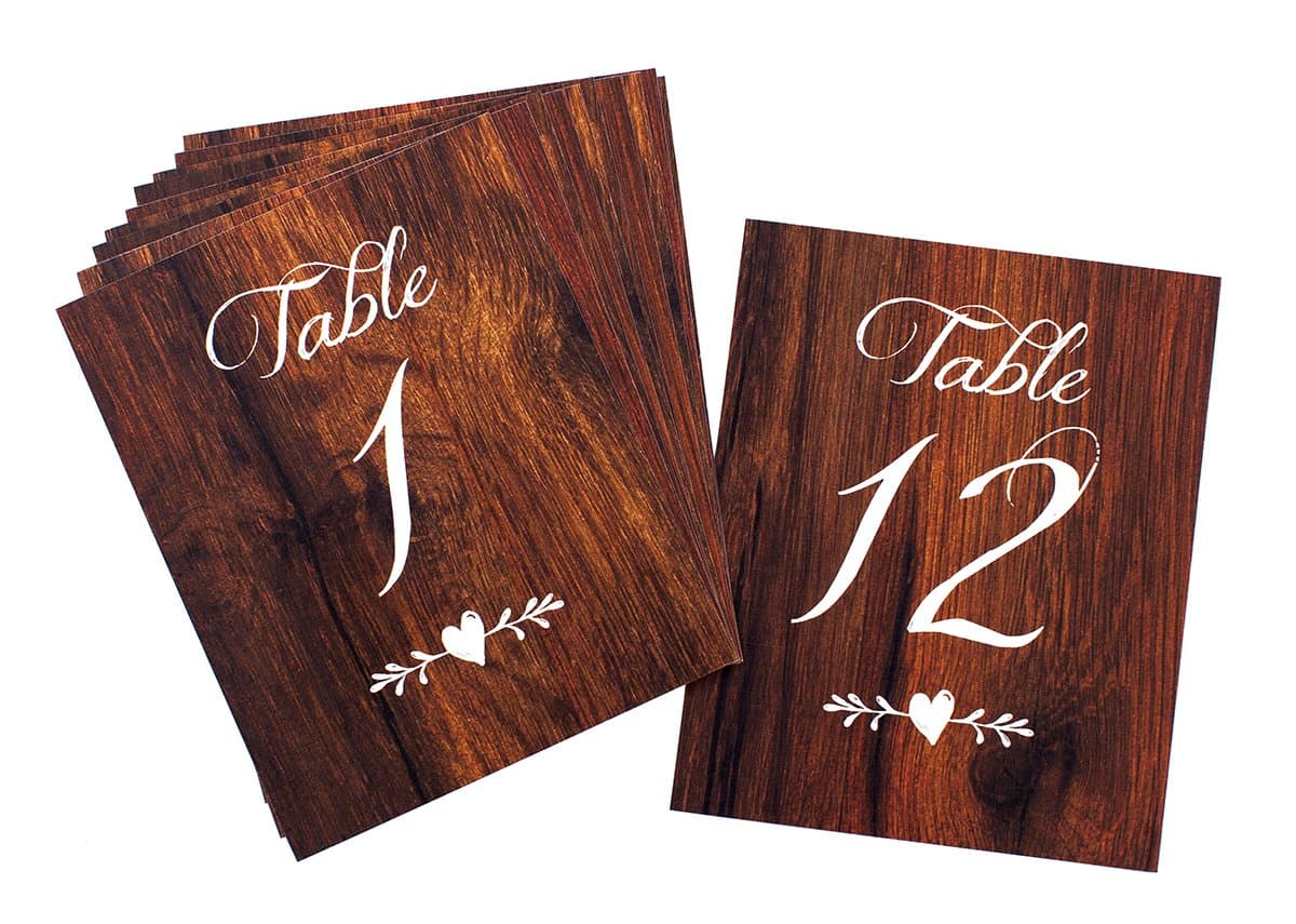 Rustic Wedding Table Numbers | Wood Look Table Numbers 1-12 | Includes Mr and Mrs Sweetheart Table Cards and 2 Reserved Table Cards | Heavy Cardstock with Linen Texture Double Sided