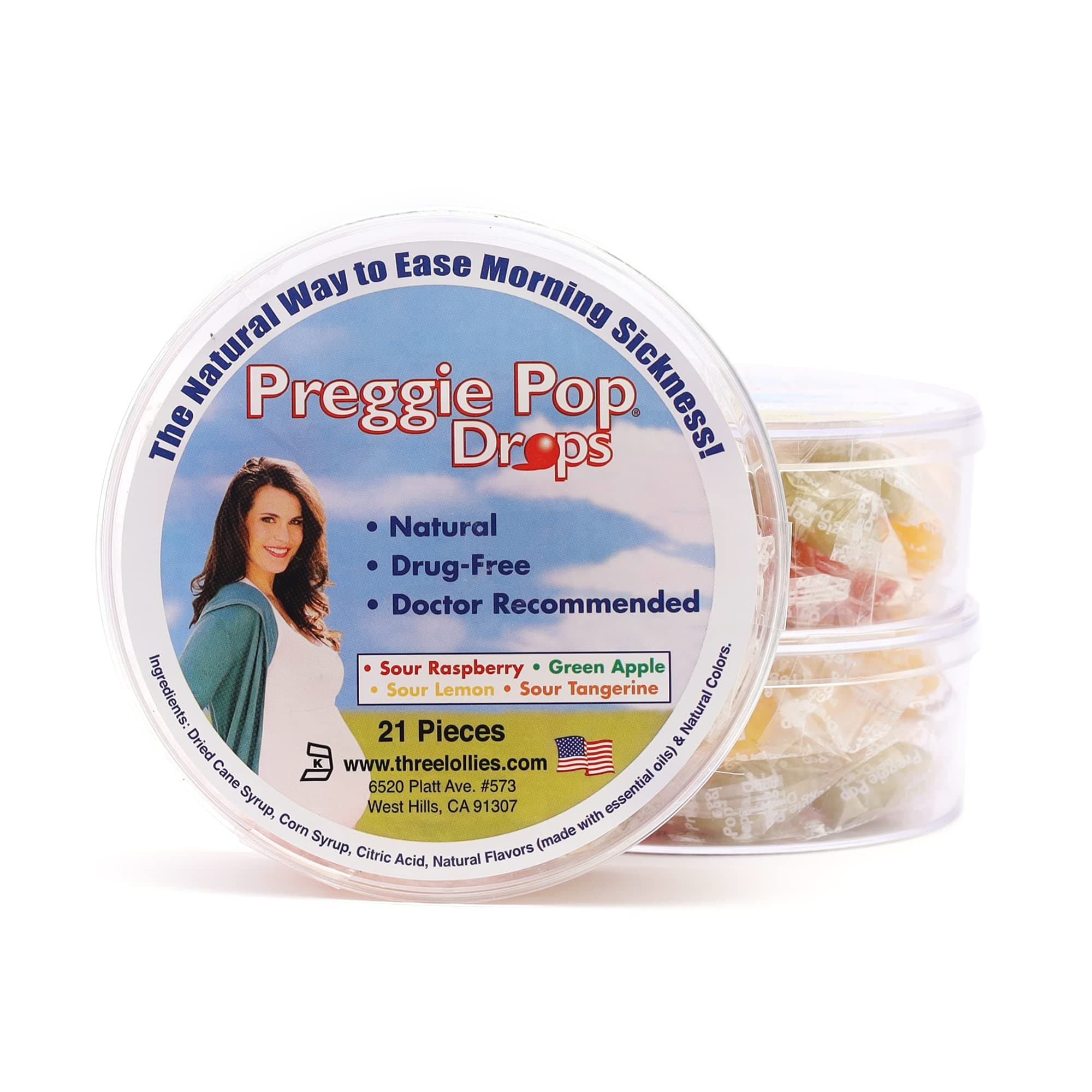 Preggie Pop Drops - helps Morning Sickness During Pregnancy (3 pack, 63 count) – With Essential Oils, Safe for Pregnant Mom & Baby, Gluten Free - Lemon, Raspberry, Green Apple, Tangerine